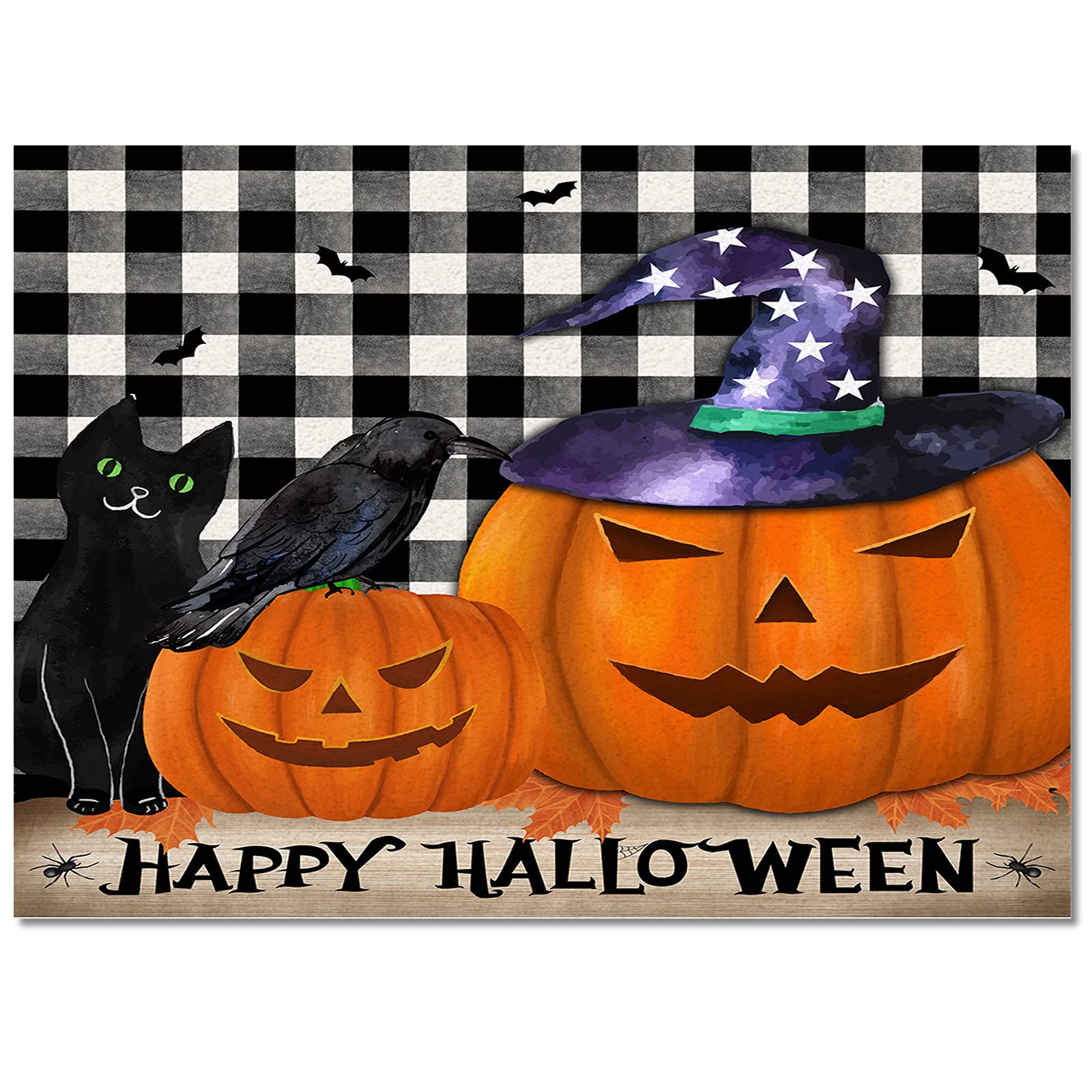 Vintage Halloween Pumpkin Bat Crow Cat Indoor Rug - Non-Slip Black Plaid Rectangular Carpet 60