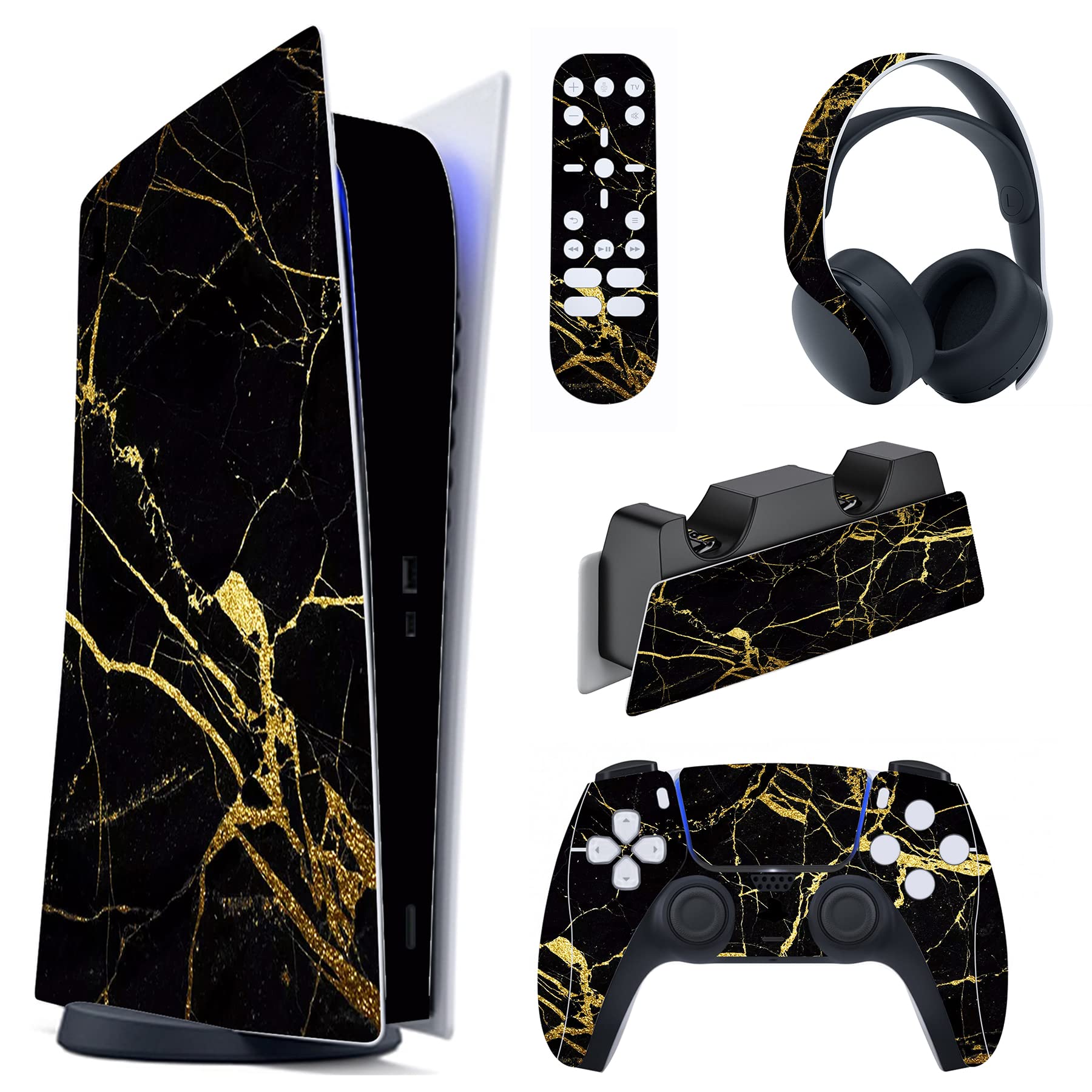 PlayVital Black & Gold Marble Vinyl Skin Decal Full Set for PS5 Console Digital Edition - Controller, Charging Station, Headset & Media Remote Sticker Cover - Premium Protection & Stylish Gaming Setup for PS5 Lovers