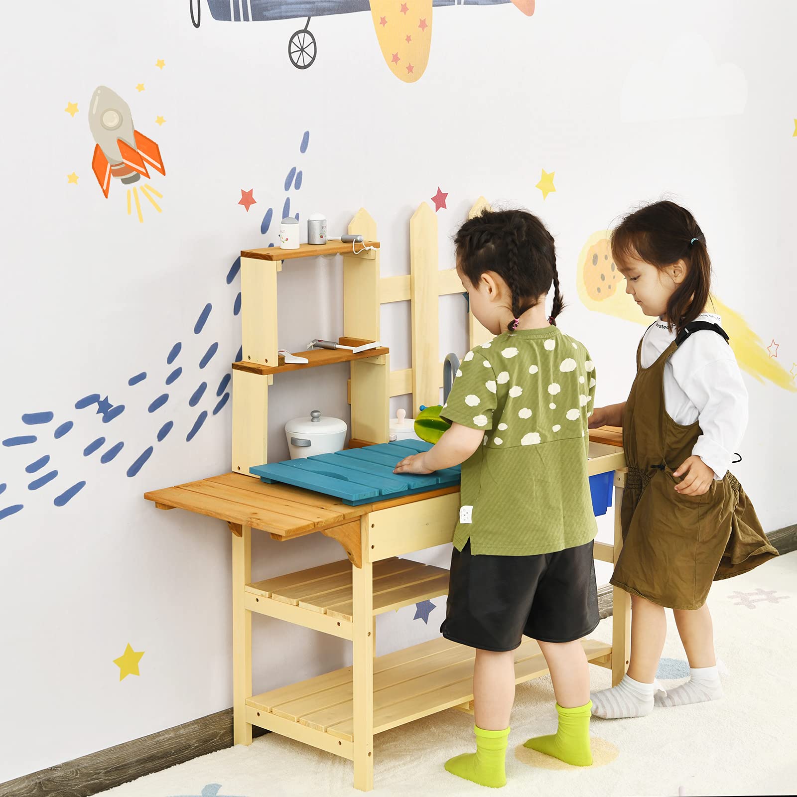 Costzon Kids Mud Kitchen Outdoor - Wooden Pretend Play Kitchen Set with Removable Sink, Faucet & Storage Shelves - Mud Table Playset for Boys & Girls Ages 3+ - Perfect for Backyard, Garden & Outdoor Pretend Play