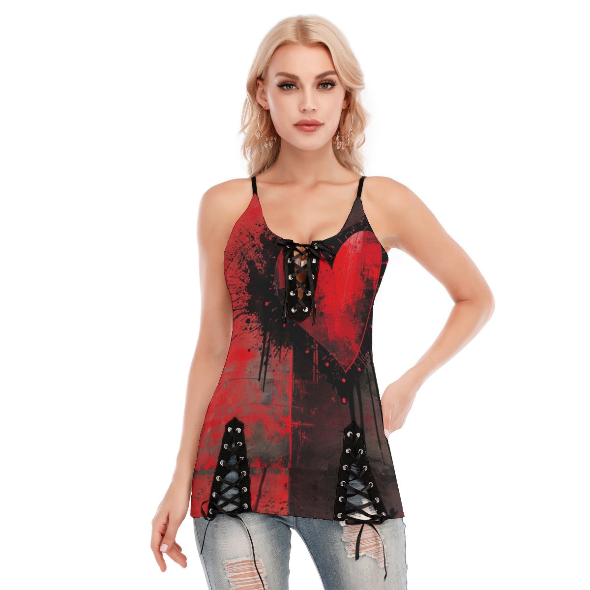 Heart Splatter Print V-Neck Lace-Up Cami Top for Women - Sexy Summer Tops for Date Night & Casual Outfits