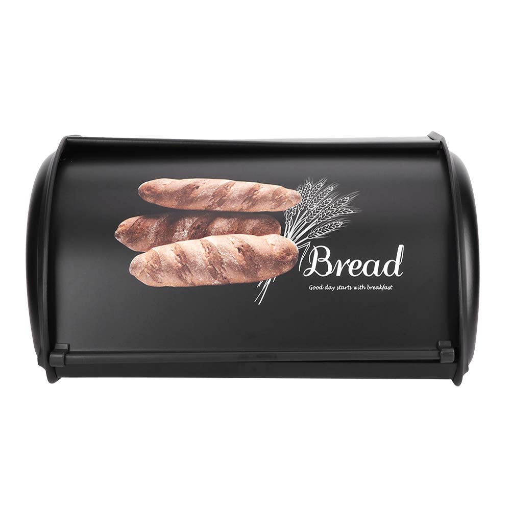 Fingerprint Proof Stainless Steel Bread Box with Roll Up Lid - 15 x 10 x 6 Inches Kitchen Counter Bread Storage Container (Black) | Perfect for Fresh Bread Storage, Countertop Organization & Modern Kitchen Decor