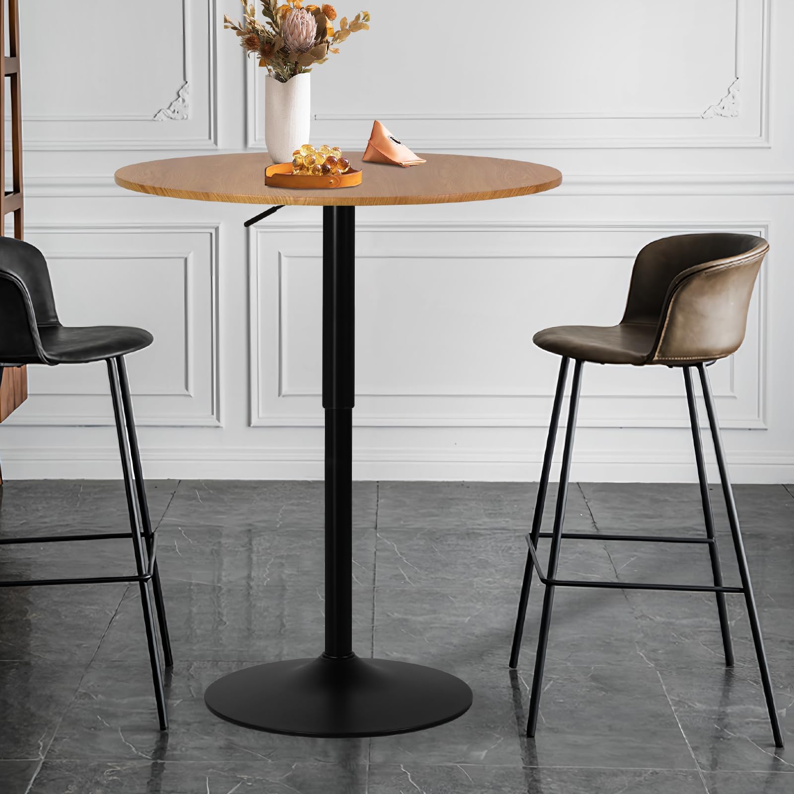 Modern Adjustable Height Round Bar Table - Tall Cocktail & Bistro Pub Table with Sturdy Base - Perfect for Home Kitchen, Restaurant & Outdoor Dining - Natural Wood Finish