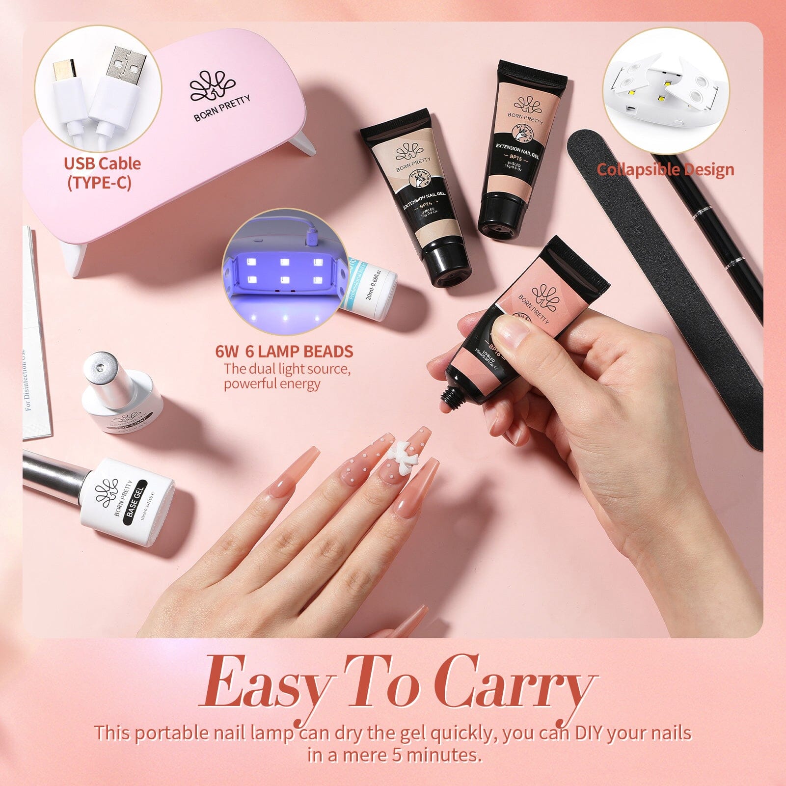 6 Colors Starter Kit Poly Extension Gel Nude 15ml - Professional Nail Extension Gel for Salon & Home Manicure, Perfect for DIY Nail Art & Acrylic Nail Designs