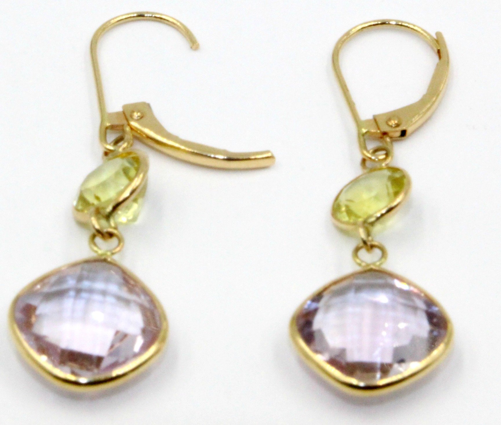14K Yellow Gold Pink Amethyst & Lemon Quartz Drop Earrings - Dainty Leverback Hanging Earrings for Women, Perfect for Weddings, Parties & Special Occasions