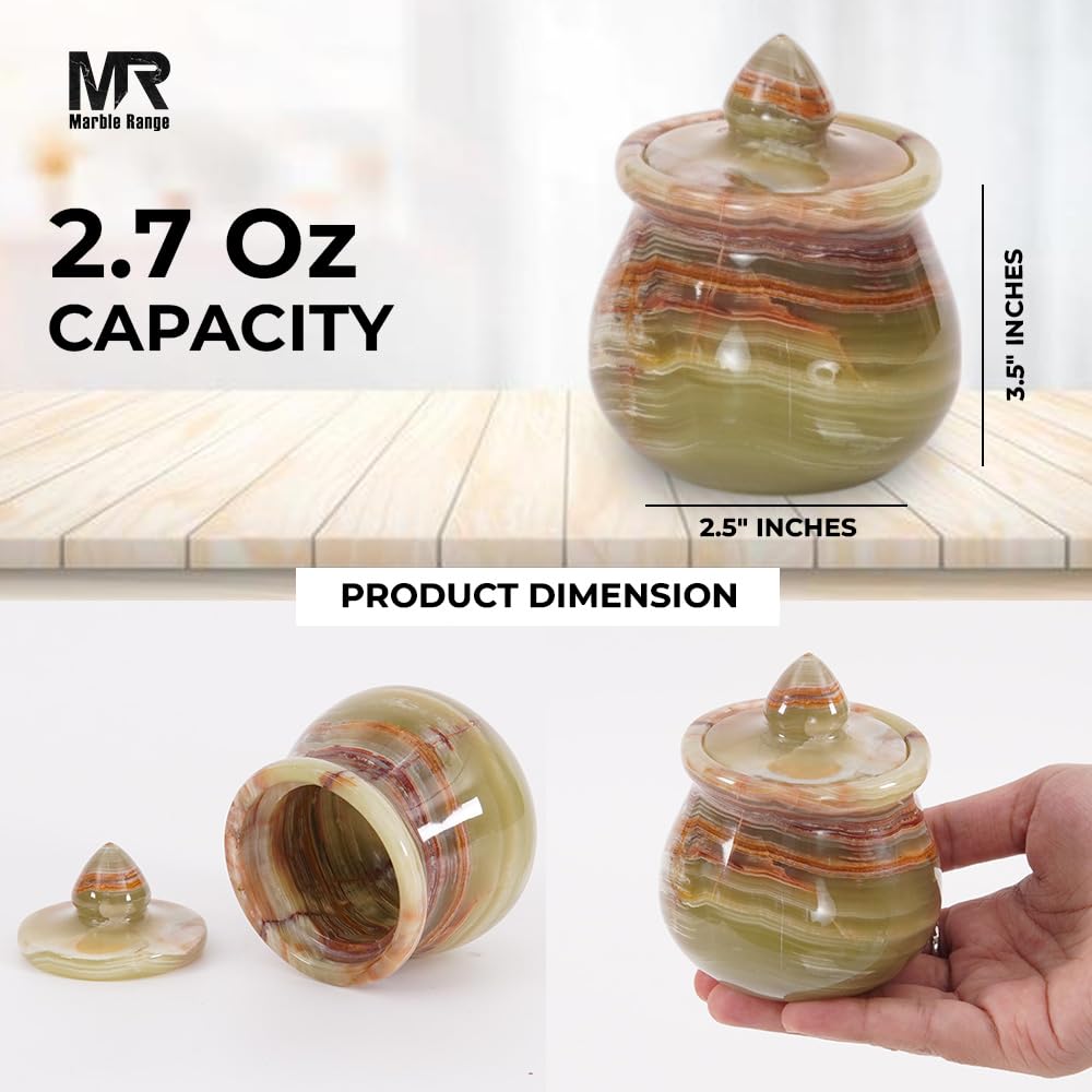 **Handmade Green Onyx Marble Salt Cellar Set of 2 with Lid – 3.5 Inch Salt & Pepper Holder, Countertop Spice Container – Perfect for Kitchen, Dining Table & Gift Giving**