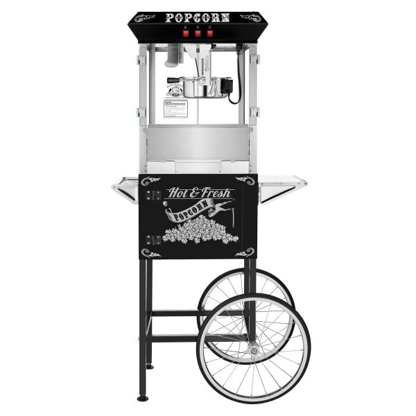 Superior Popcorn Machine with Cart - 8oz Commercial Popcorn Popper with Stainless Steel Kettle, Heated Warming Deck & Old Maids Drawer - Perfect for Movie Nights, Parties & Concession Stands (Black)