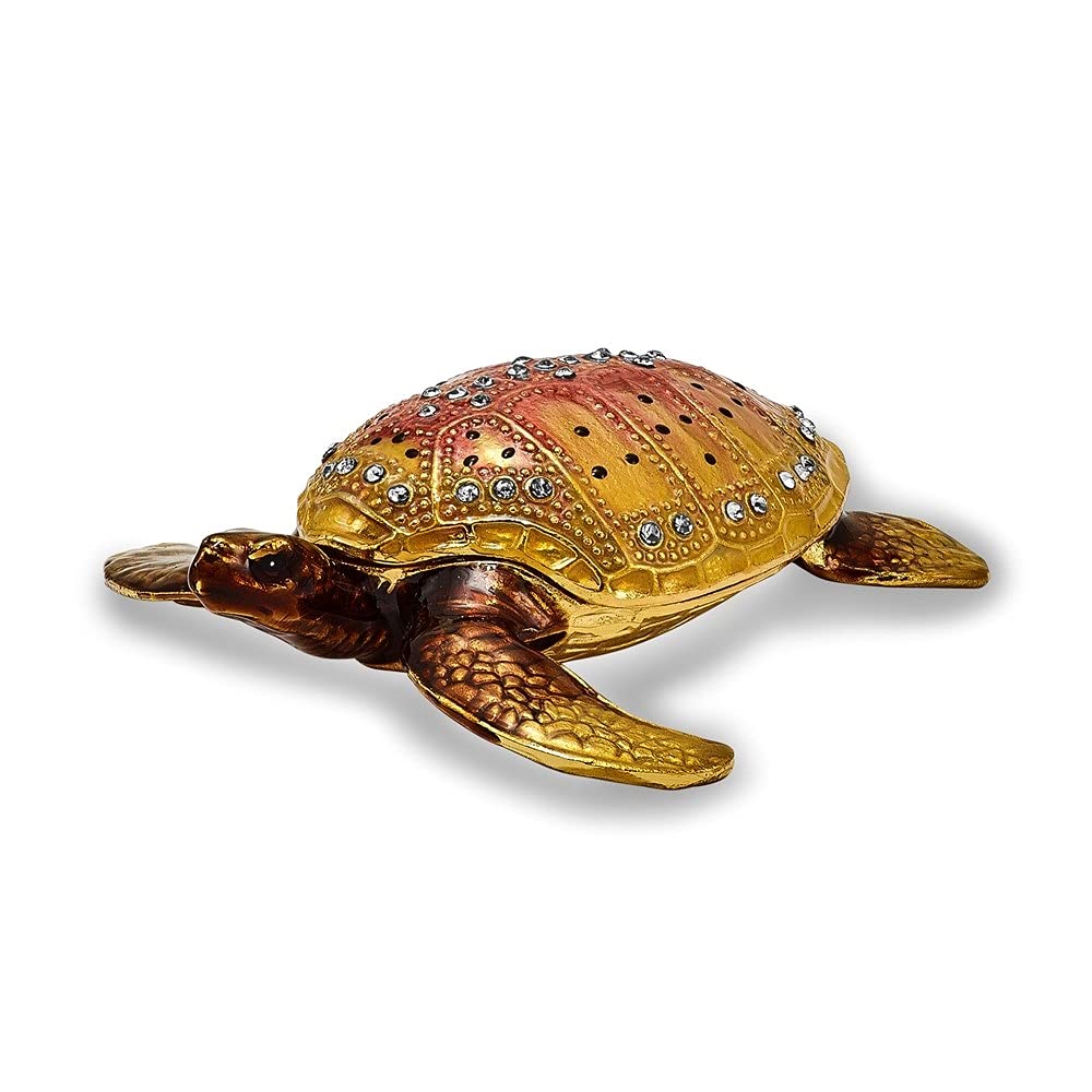 Luxury Bejeweled Palm Beach Loggerhead Turtle Trinket Box with Diamonds - Elegant Jewelry Storage & Home Decor for Beach House, Coastal Theme Bedroom, or Gift Giving