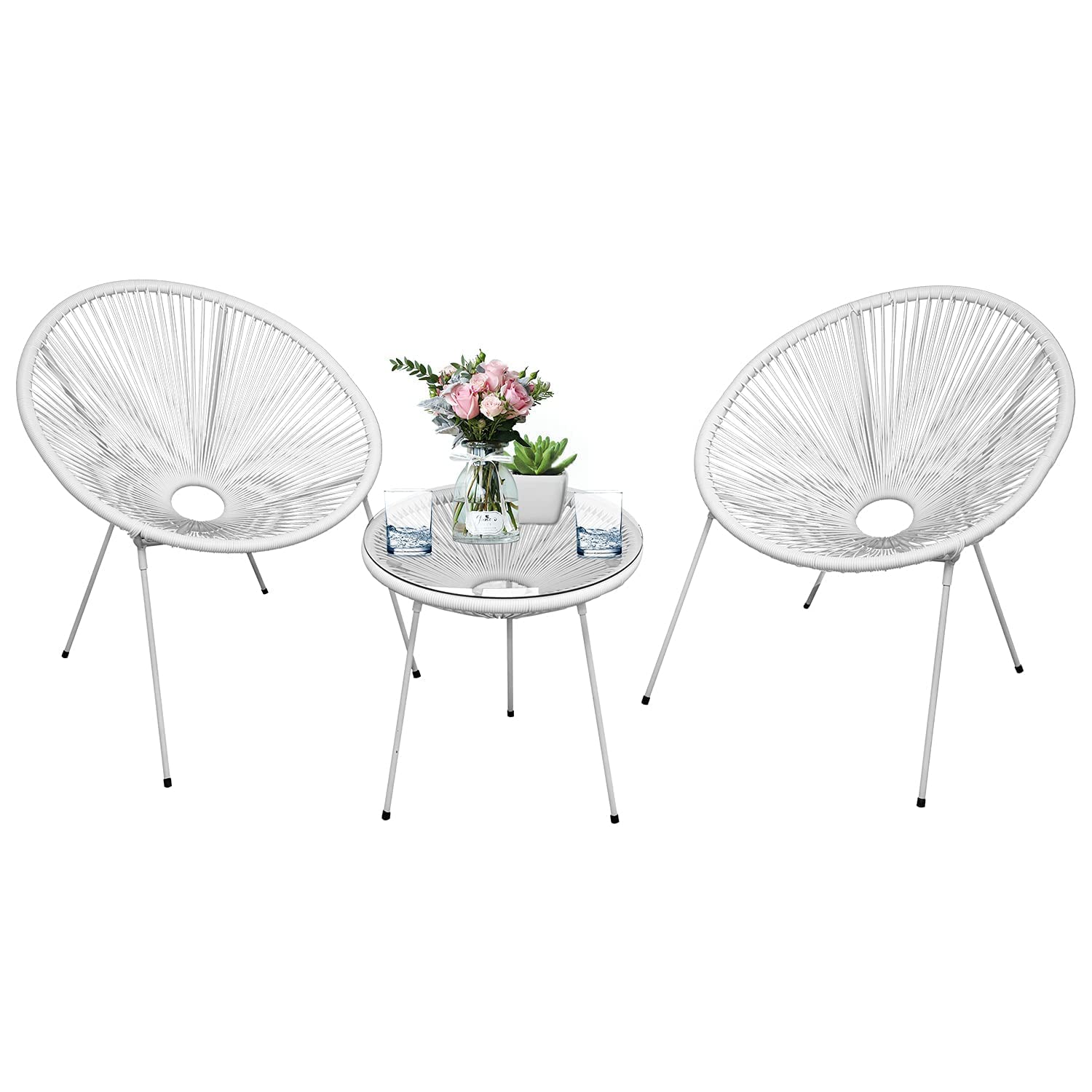 3-Piece Patio Furniture Set - Rattan Wicker Acapulco Lounge Chairs with Side Table - Indoor/Outdoor Bistro Set in White - Perfect for Garden, Balcony, Poolside & Small Spaces