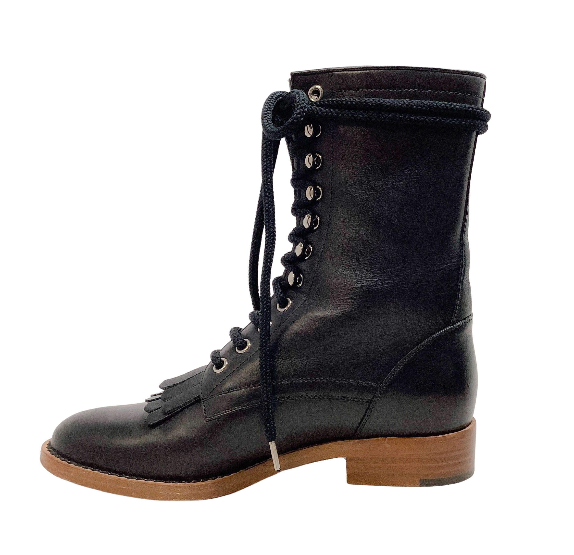 Chanel Black Leather Combat Boots with Brogue Detail - Stylish Ankle Booties for Women | Perfect for Fall Outfits, Casual Wear & Night Out