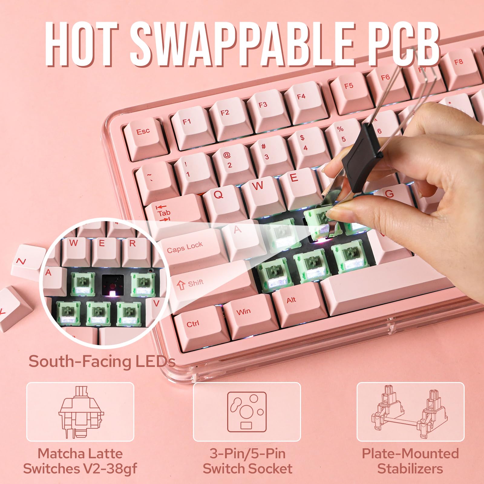 KiiBoom Breeze 75 75% Compact Wireless Mechanical Gaming Keyboard - CNC Aluminum & Acrylic Frame, USB-C/BT5.0/2.4GHz Connectivity, Gasket Mount, RGB Backlit, 8000mAh Battery for Windows/Mac (Pink) - Perfect for Gaming, Office Work, and Typing Enthusiasts