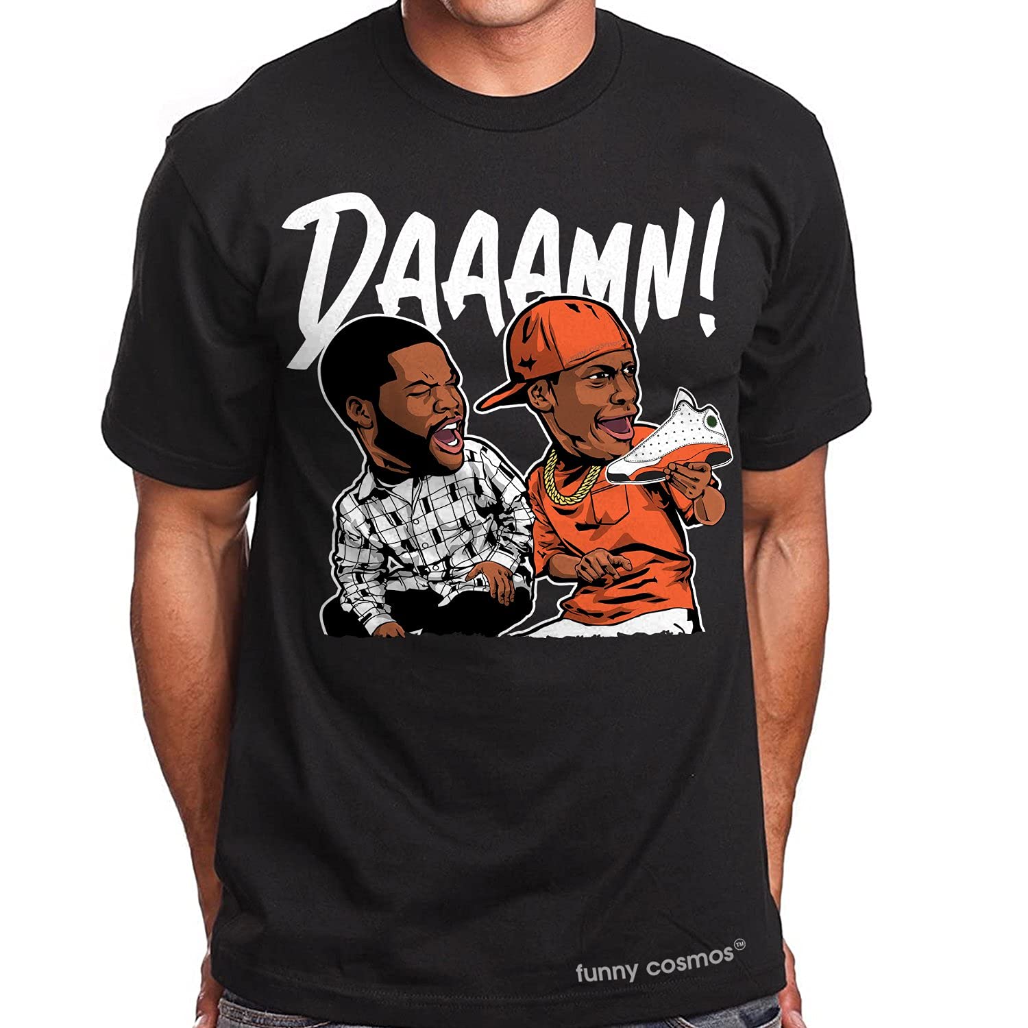 Funny Daaamn Meme T-Shirt for Men - Matching Orange & White Sneakers - Jordan 13 Starfish Inspired Graphic Tee (Size S, Black) - Perfect for Casual Wear, Meme Lovers & Sneakerhead Outfits