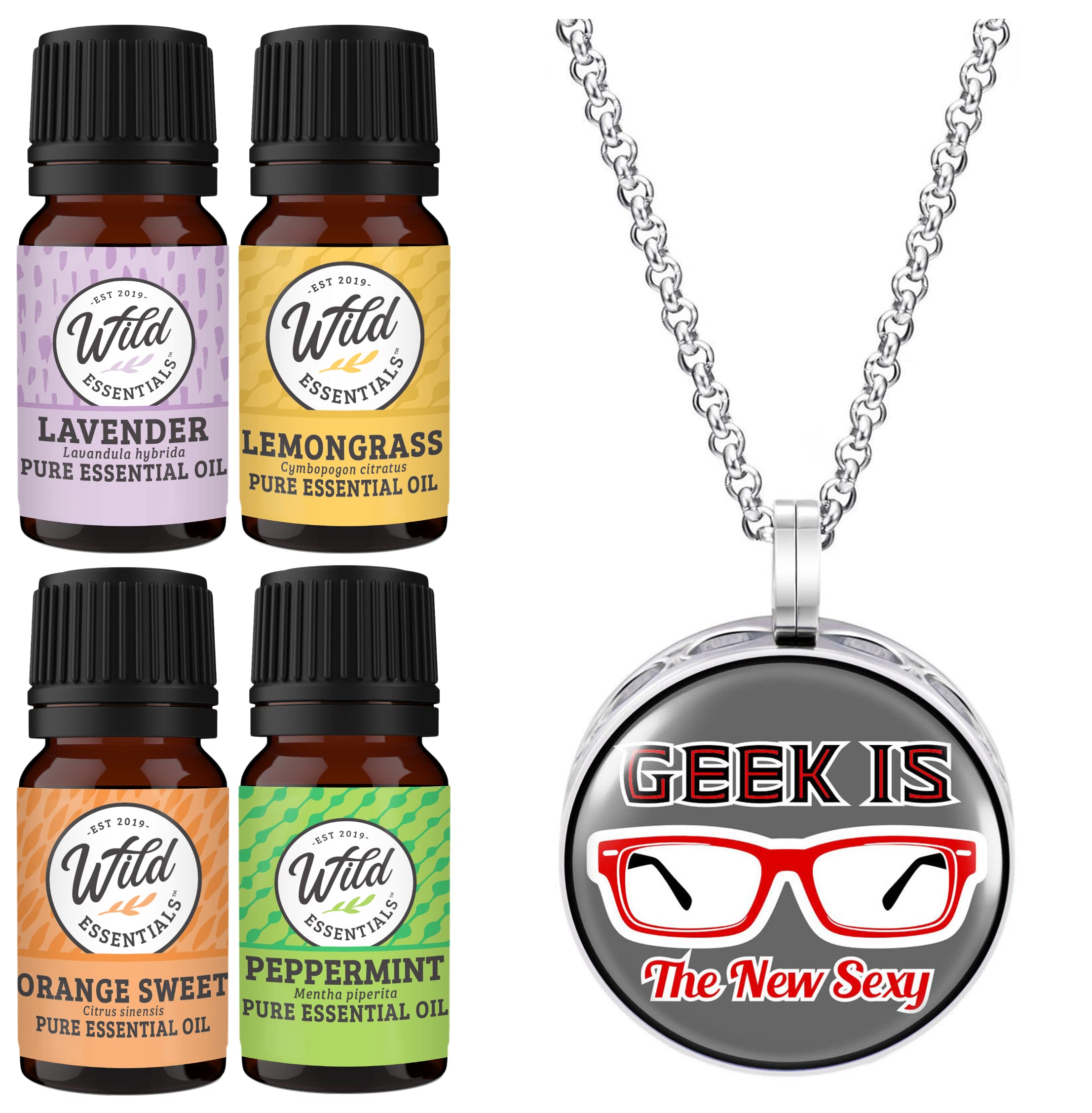 Wild Essentials Geek is The New Sexy Aromatherapy Necklace Diffuser Kit - Includes Lavender, Lemongrass, Peppermint & Orange Essential Oils with 8 Refill Pads - Customizable Calming Scent Jewelry for Women - Perfect for Stress Relief, Meditation, Yoga & Daily Wear