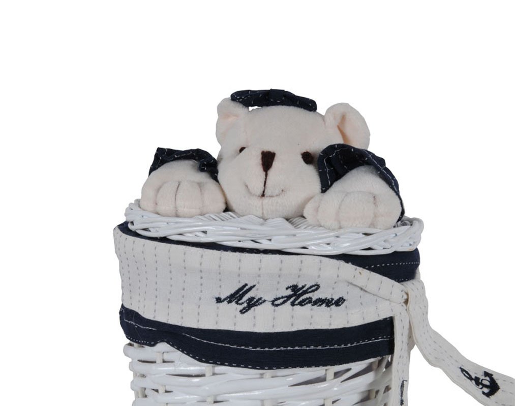 Anne Home Set of 4 Oval Willow Baskets with Teddy Bear - White & Blue Woven Storage Baskets for Kids' Toys, Books & Clothes | Perfect for Nursery, Playroom & Bedroom Organization
