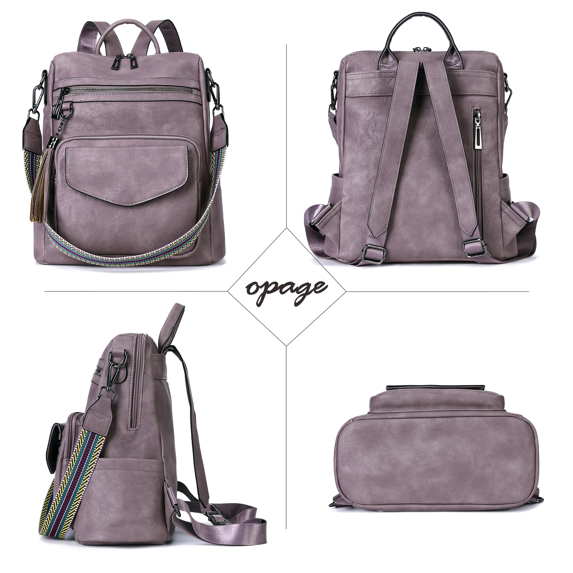 OPAGE Women's Leather Backpack Purse - Fashion Designer Travel Backpack with Shoulder Straps & Wristlet - Perfect for Work, School & Travel (Purple)