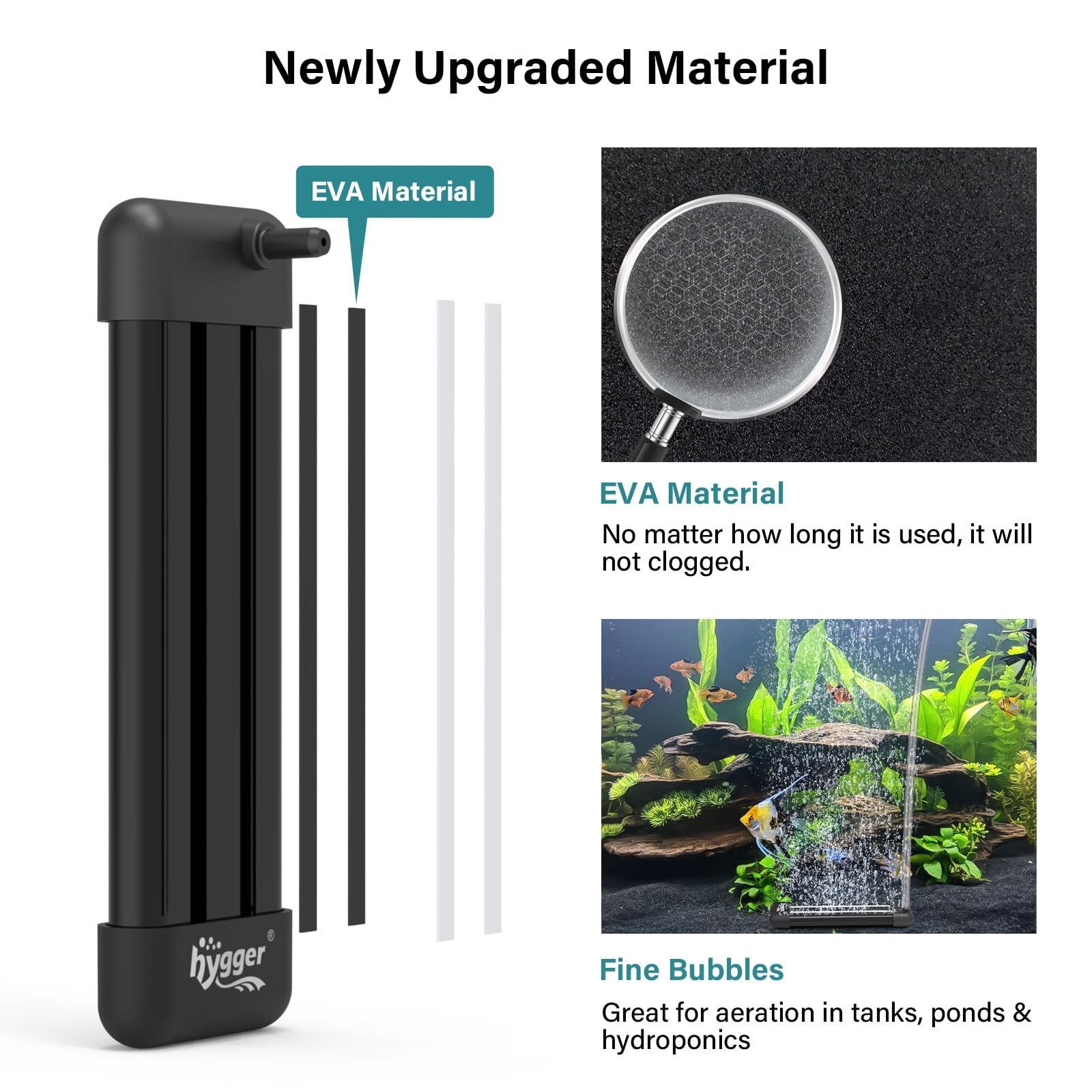 Hygger Non-Clogging Aquarium Air Stone - EVA Material Fish Tank Bubbler for Nano Air Pumps, Small Buckets & Hydroponics - Perfect for Oxygenation in Home Aquariums and Hydroponic Systems