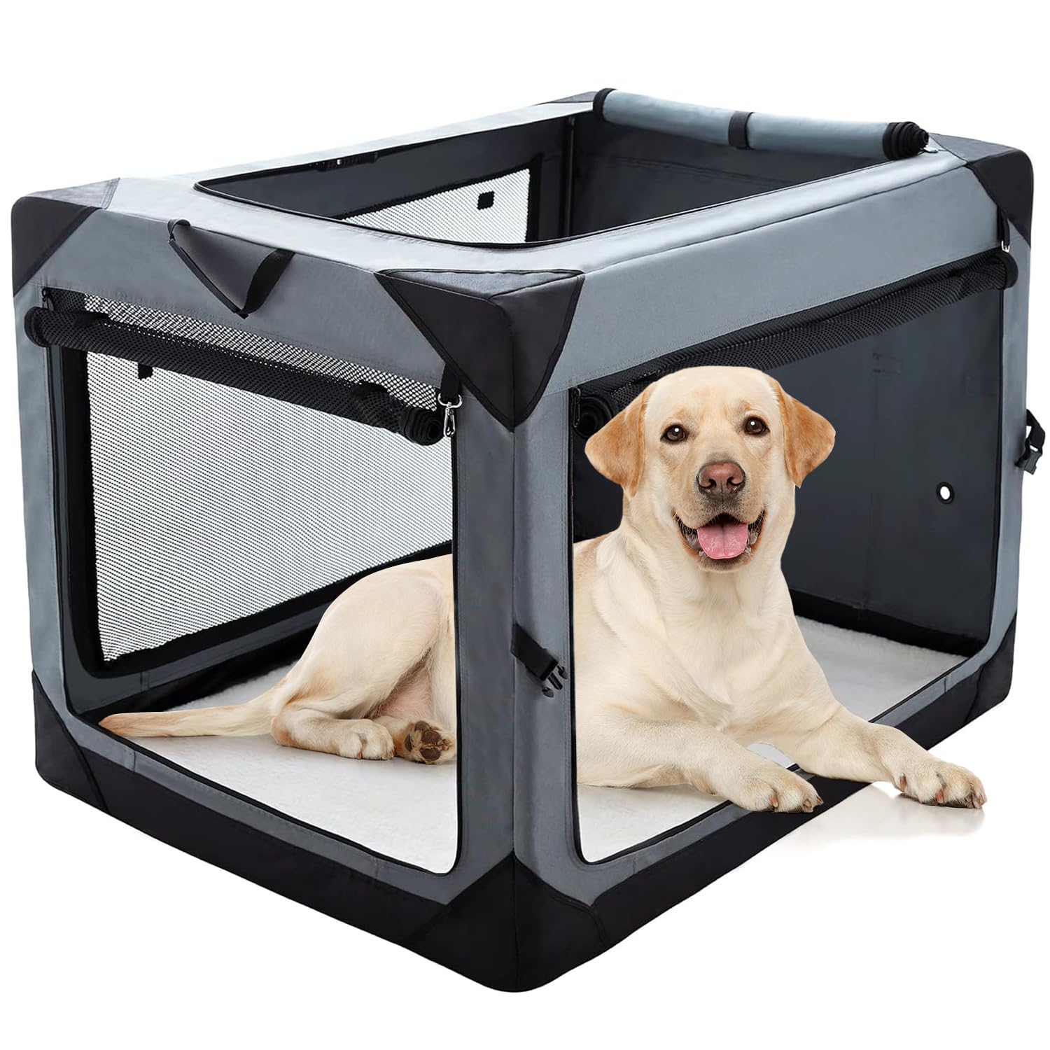 Pettycare 42 Inch Large Collapsible Dog Crate - 4-Door Foldable Soft Kennel with Chew Proof Mesh Windows for Indoor & Outdoor Use | Travel, Camping & Home Pet Carrier for Big Dogs
