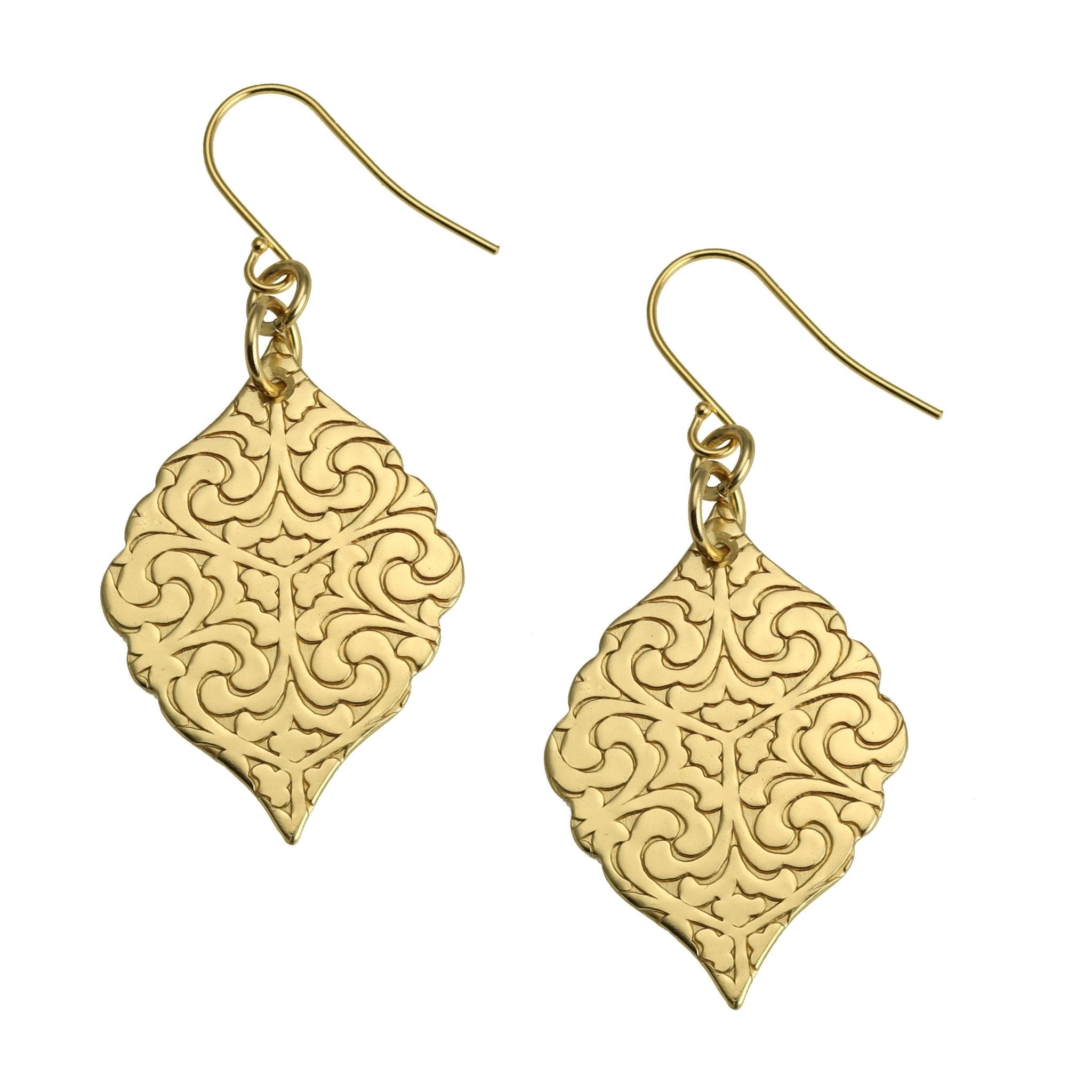Exquisite Damask Embossed Brass Moroccan Drop Earrings in Nu Gold - Perfect for Boho Chic, Wedding & Special Occasions