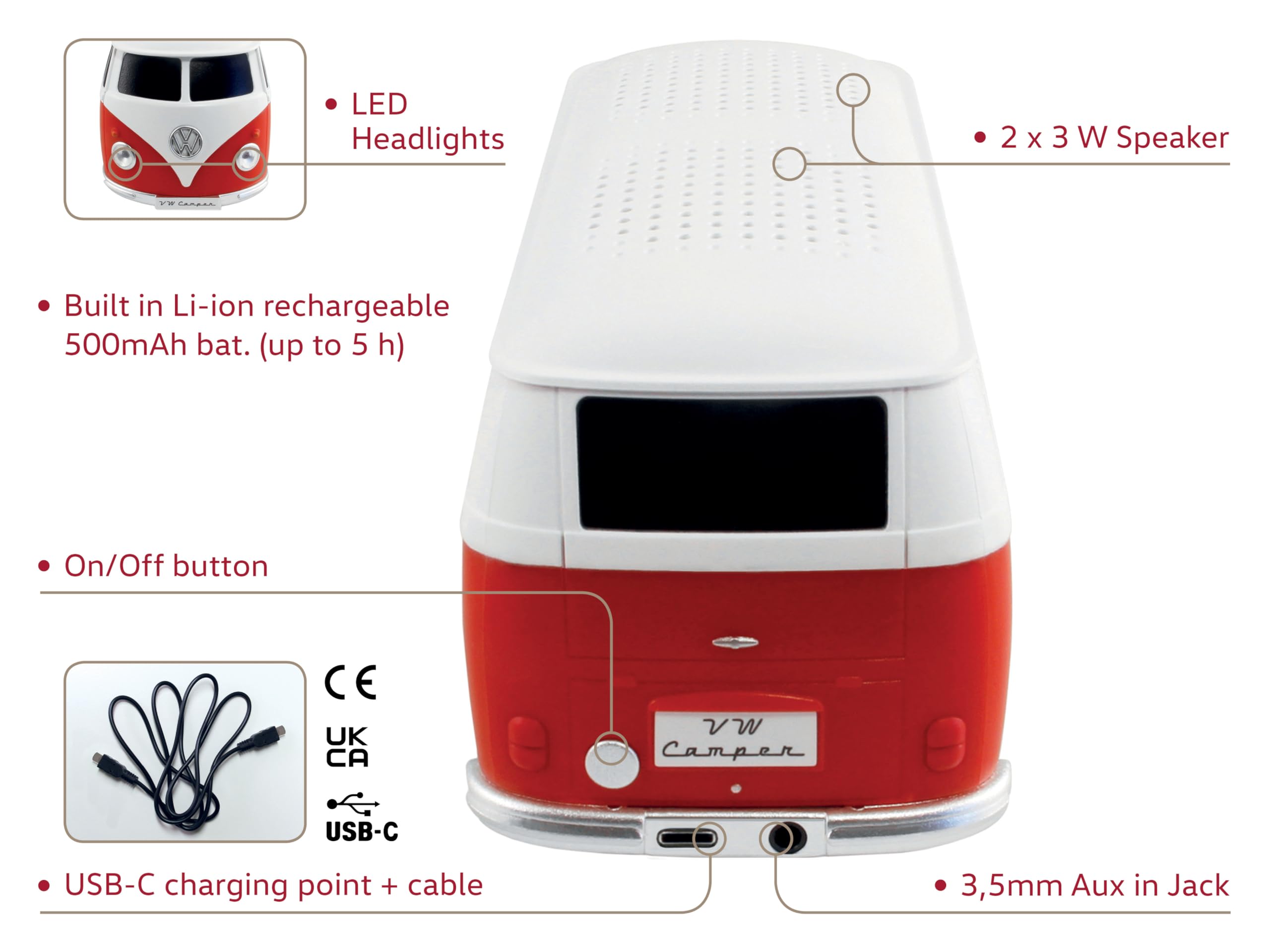 BRISA VW Collection - Volkswagen T1 Bus Bluetooth Speaker Wireless Portable with Rechargeable Battery, Classic Red Campervan (1:20 Scale) - Perfect for Road Trips, Camping & Vintage Car Lovers Gift