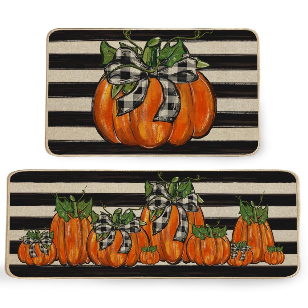GEEORY Fall Kitchen Mats Set of 2 - Striped Pumpkin Bowknot Non-Slip Floor Mats for Farmhouse Decor, Thanksgiving & Holiday Season, 17x29 & 17x47 Inch (Striped) GK068 - Perfect for Entryway, Living Room & Seasonal Home Decor