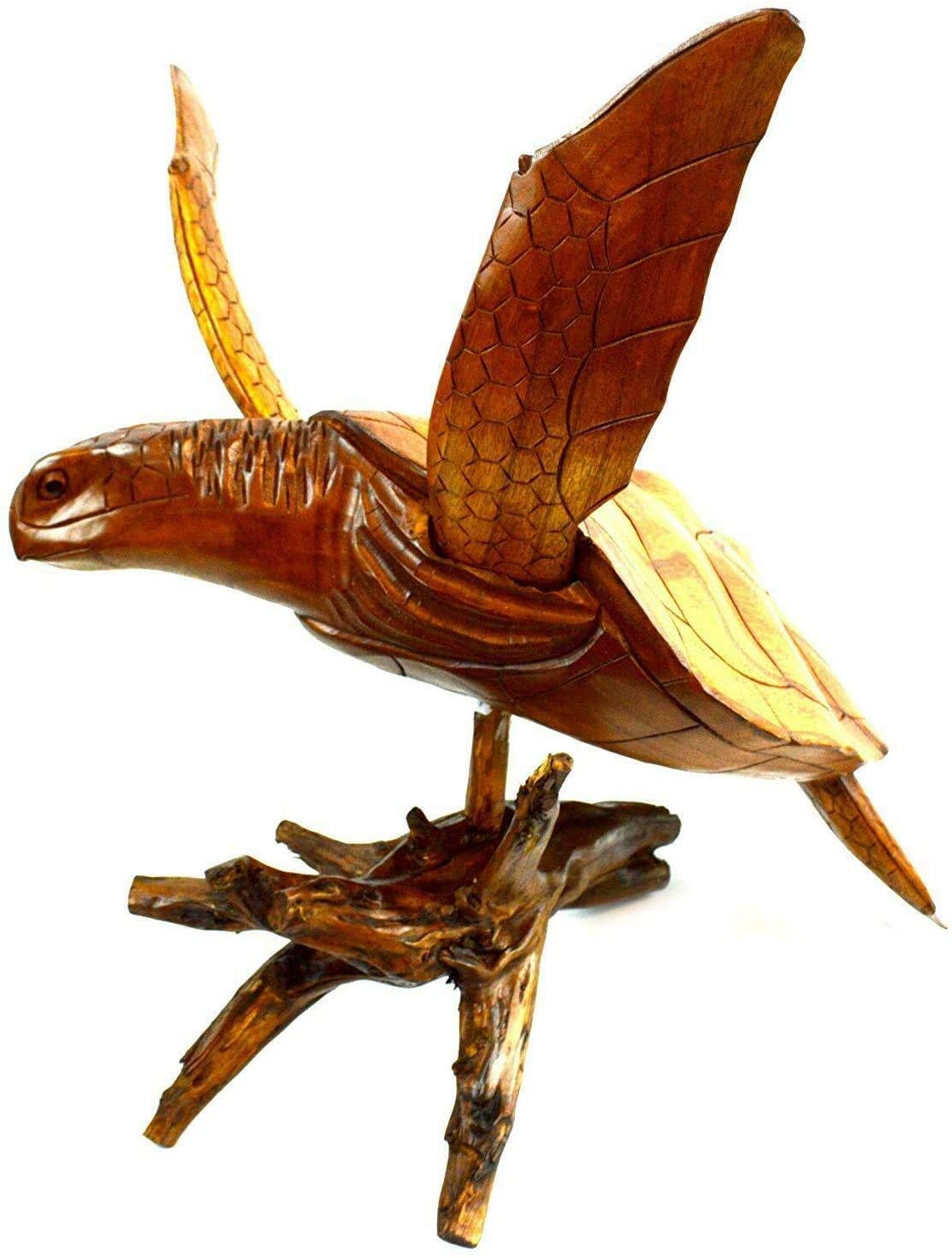 Hand Carved Mahogany Wood Turtle Statue - Unique Ocean Coral Decor, Large Handmade Turtle Sculpture for Home, Office & Beach House Decor