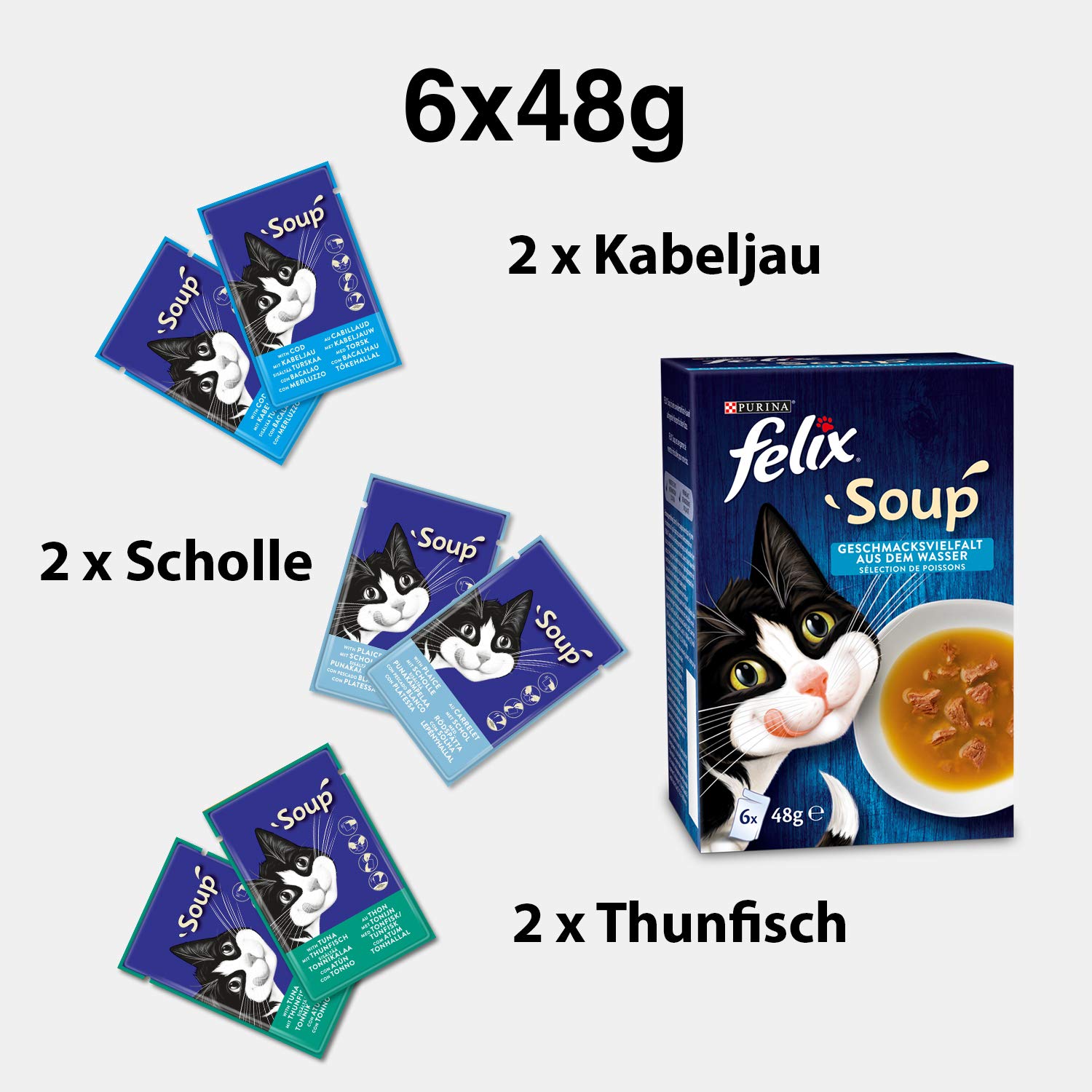 FELIX Cat Soup with Tender Pieces - Variety Pack of 8 (8 x 6 Pouches, 48g Each) - Delicious Land Flavors for Cats - Perfect for Hydration & Treat Time