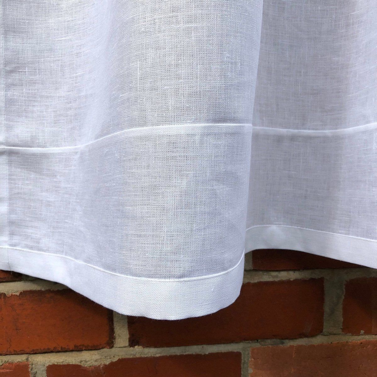 Appleton White Linen Cafe Curtain with Embroidered Monogram - Elegant Kitchen Window Treatment for Farmhouse & Cottage Style Homes