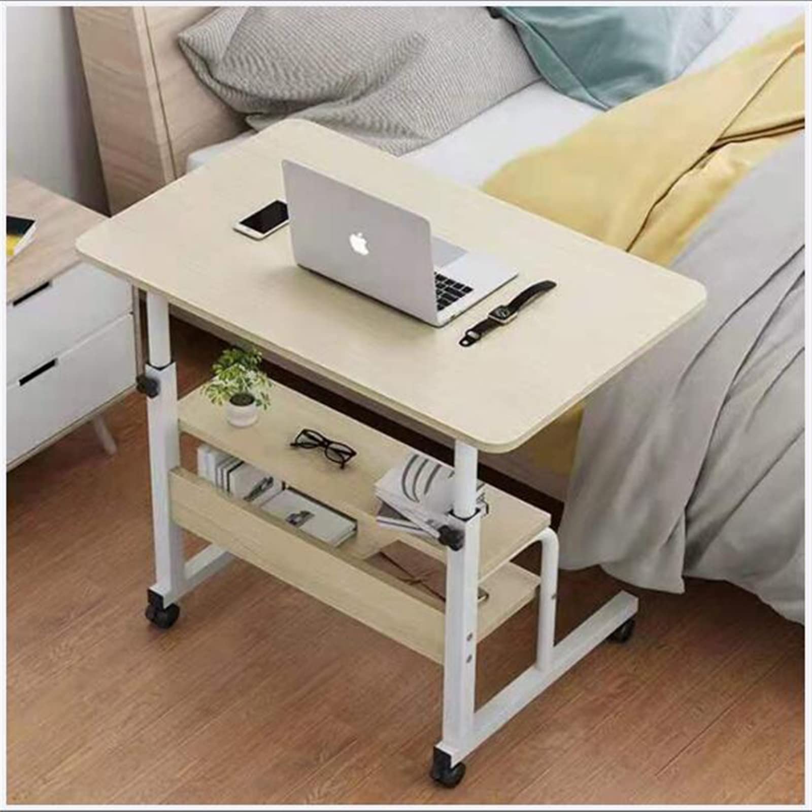 DDIOA Adjustable Height Hospital Overbed Table with Wheels - Portable Side Table with Storage for Bed, Couch & Living Room - Ideal for Eating, Working & Reading (Beige)