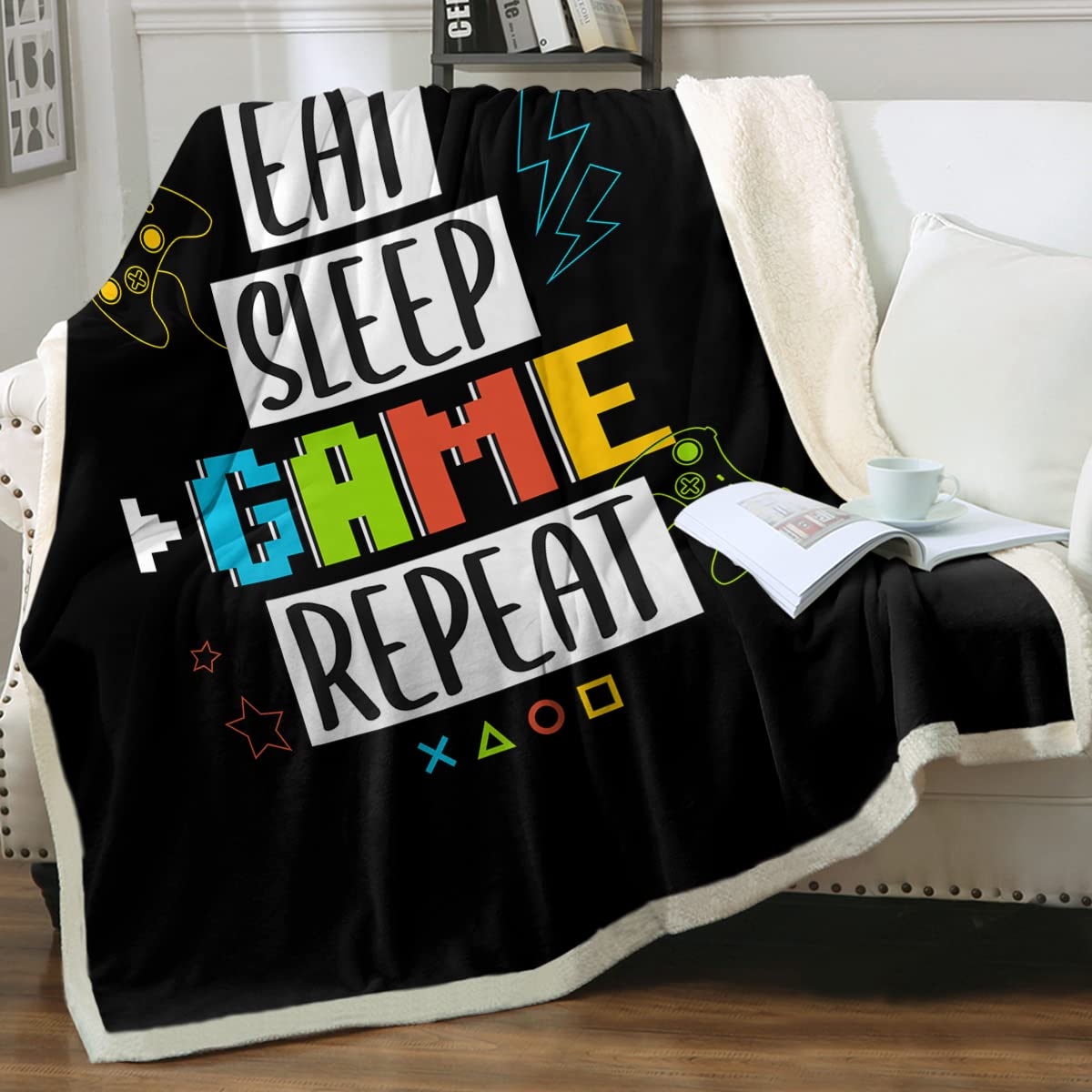 Sleepwish Neon Gamer Fleece Throw Blanket - Video Game Sherpa Blanket for Kids & Teens - Twin Size 60x80 Inches - Black Gaming Themed Blanket for Boys Room Decor - Perfect for Gaming Sessions, Movie Nights & Cozy Winter Evenings