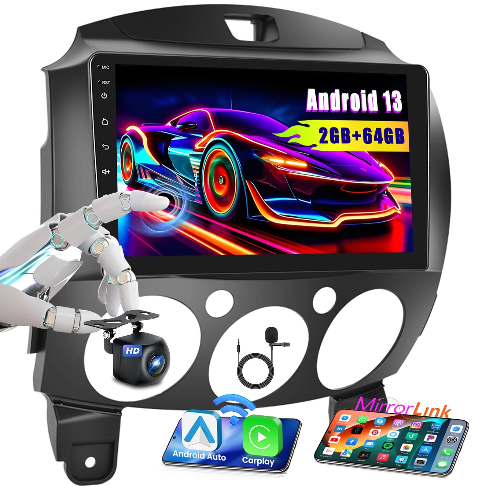 Hikity 9 Inch Android 13 Car Stereo for 2007-2014 Mazda 2 - 2GB RAM 64GB ROM with Wireless CarPlay & Android Auto, Touch Screen GPS Navigation, Bluetooth, WiFi, AHD Backup Camera - Perfect for Commuting & Road Trips