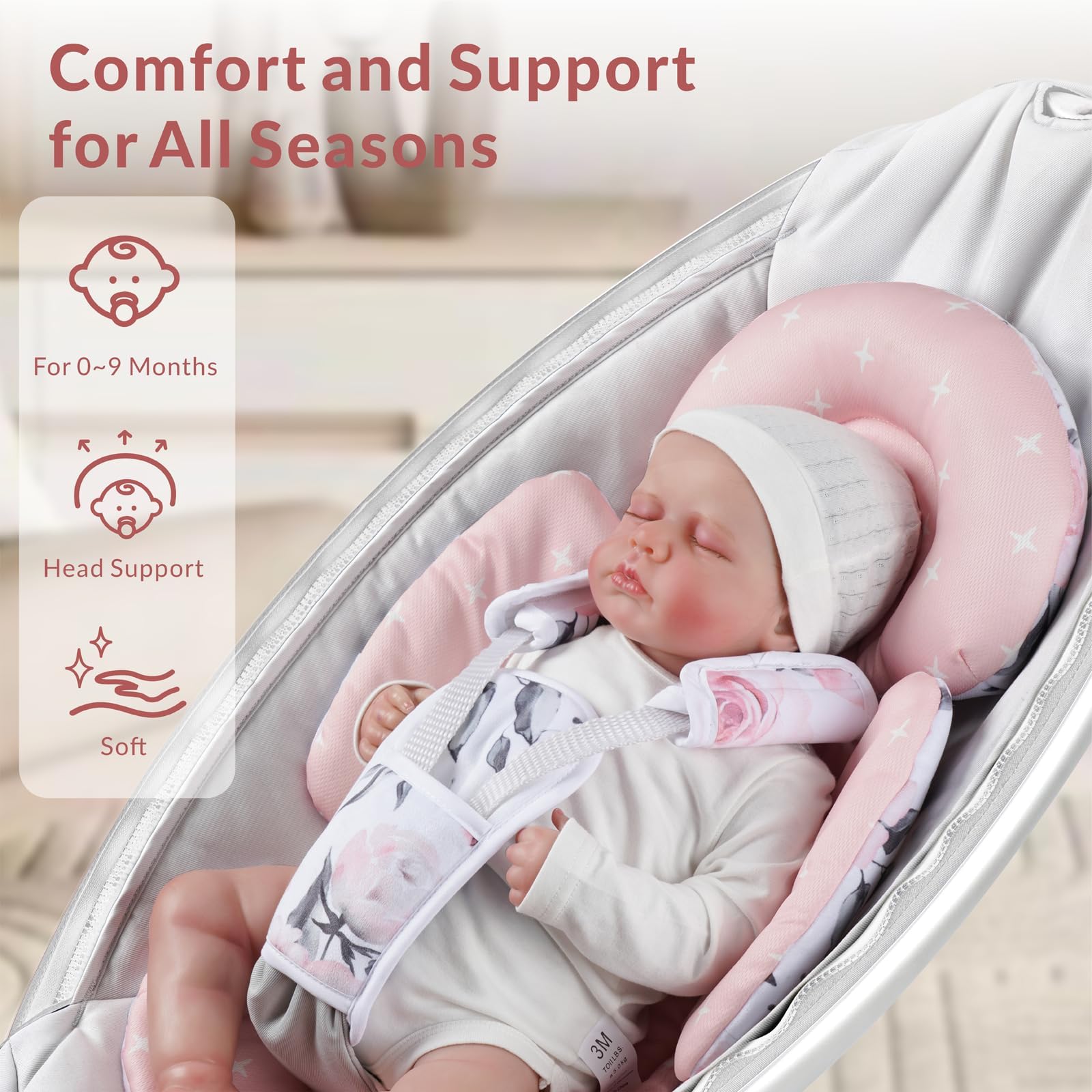4moms Mamaroo Swing & Graco Swing Infant Insert - Newborn Head and Body Support with Breathable Soft Fabric - Reversible Baby Car Seat Insert - Pink Floral - Perfect for Newborn Comfort in Swings, Car Seats and Strollers