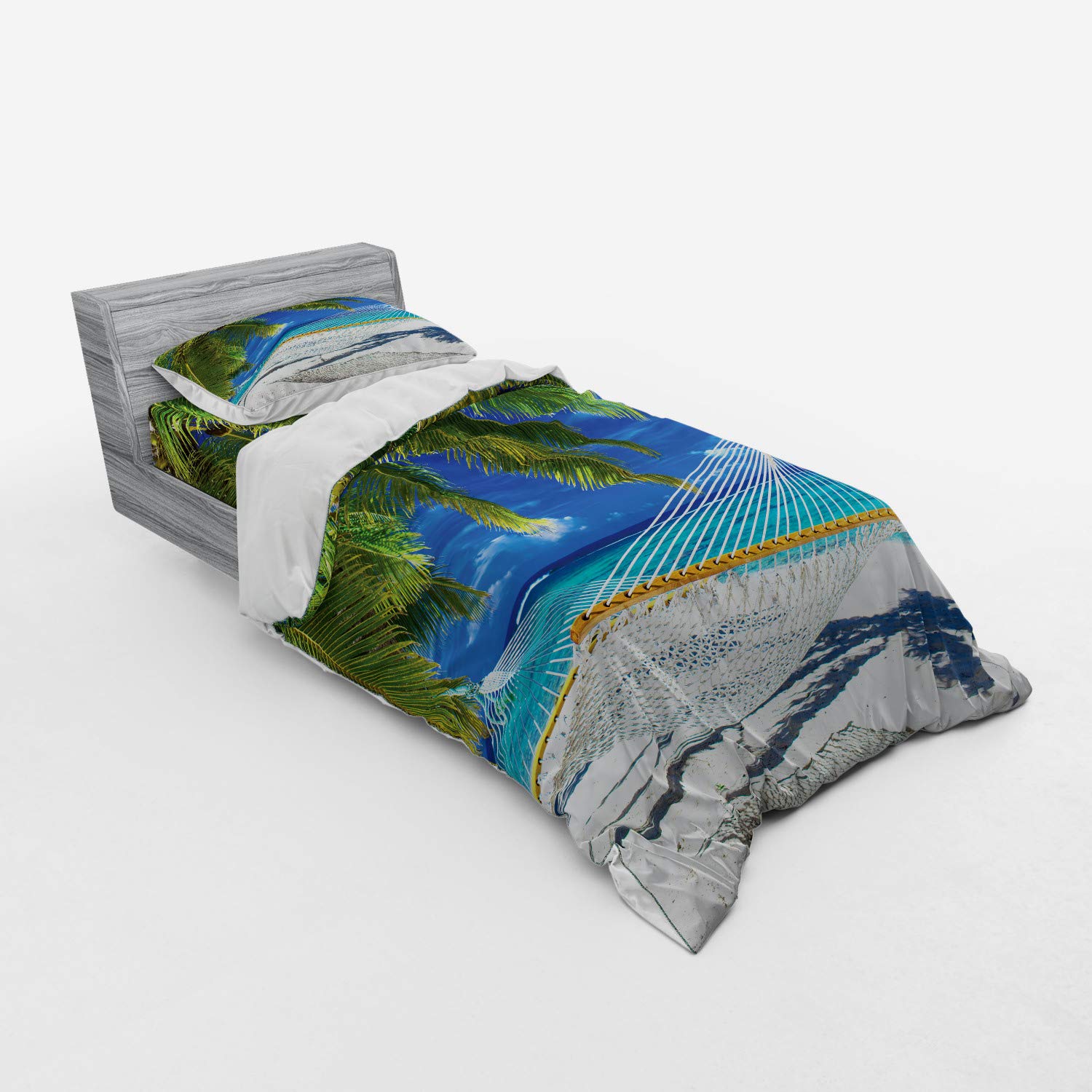 Ambesonne Beach Bedding Set - 3 Piece Duvet Cover with Sham & Fitted Sheet, Twin XL Size, Cream Navy Green - Tropical Palm Coconut Hammock Design, Coastal Nature Art - Perfect for Beach House, Vacation Rental or Tropical Bedroom Decor