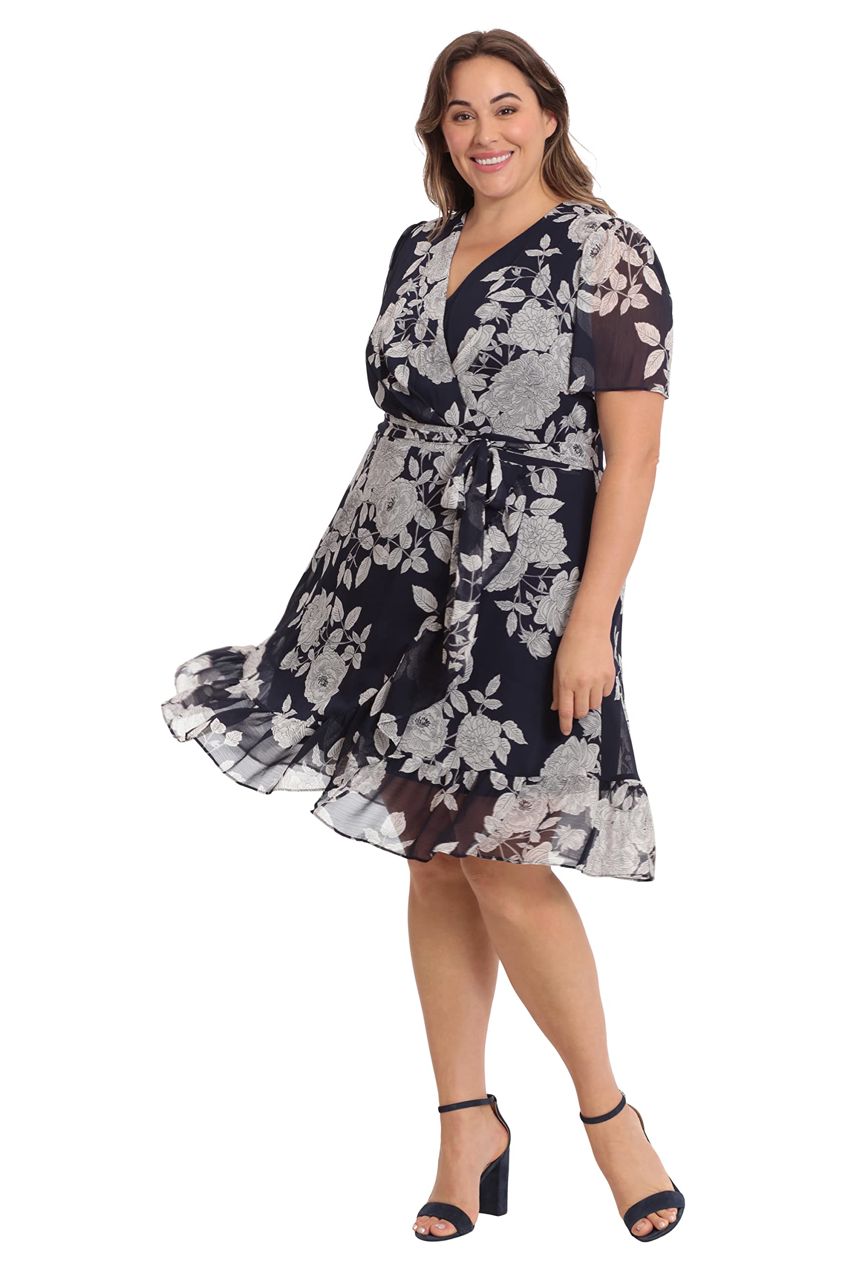London Times Women's Faux Wrap Dress with Ruffle Skirt - Elegant Office & Career Wear for Women, Perfect for Work, Cocktail Parties & Special Occasions
