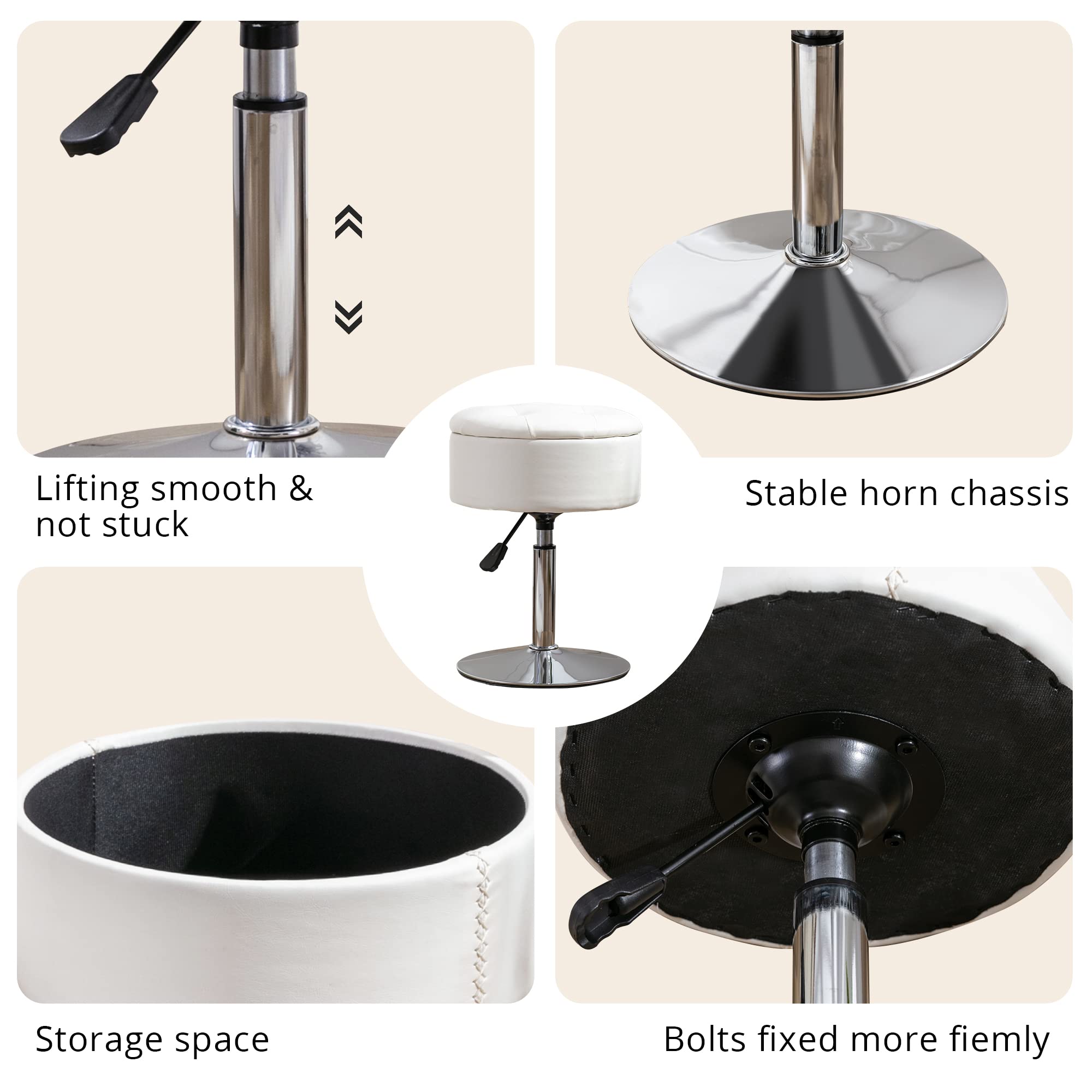 LUE BONA 360° Swivel Vanity Stool Chair with Storage - Adjustable Height Makeup Stool, Small White Faux Leather Stool for Bathroom, Living Room & Dressing Room - Perfect for Makeup, Reading & Relaxing