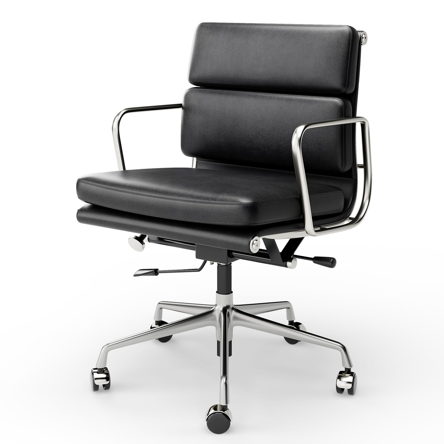 Premium Genuine Leather Office Chair - Mid Back Executive Desk Chair with Lumbar Support, Padded Arms & Smooth-Rolling Wheels - Ergonomic Aluminum Base Rolling Chair for Home Office, Conference Room & Workspace - Modern Black Leather Computer Chair for Professionals