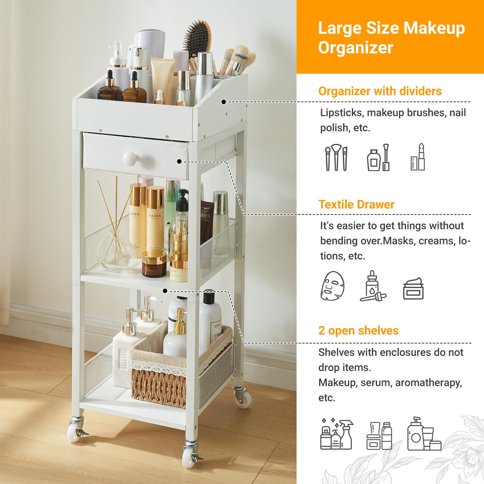 3-Tier Rolling Makeup Organizer Cart with Drawer - Portable Cosmetic Storage Stand for Skincare & Beauty Products - Free Standing Vanity Organizer with Wheels for Bedroom, Bathroom, Dresser (White) | Perfect for Small Space Organization & Travel Beauty Essentials