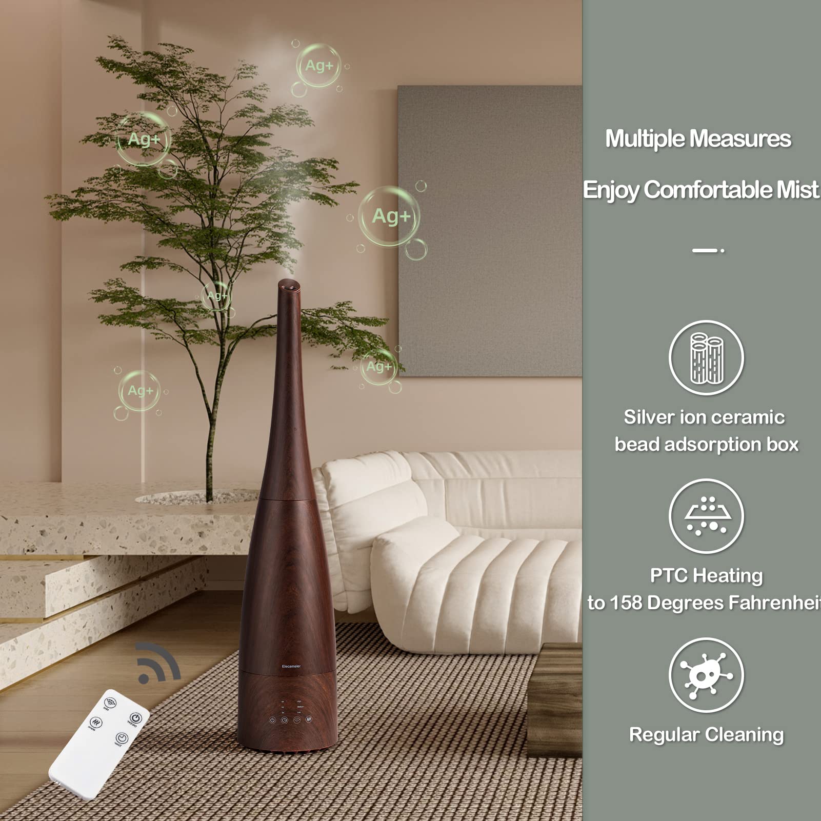 Elecameier 2.3L Cool Mist Humidifier with Remote Control - Ultra Quiet 25dB Smart Air Humidifier for Home, Bedroom, Office & Desk - Auto Shut Off & Dark Wood Design - Perfect for Dry Air Relief, Better Sleep & Improved Indoor Air Quality
