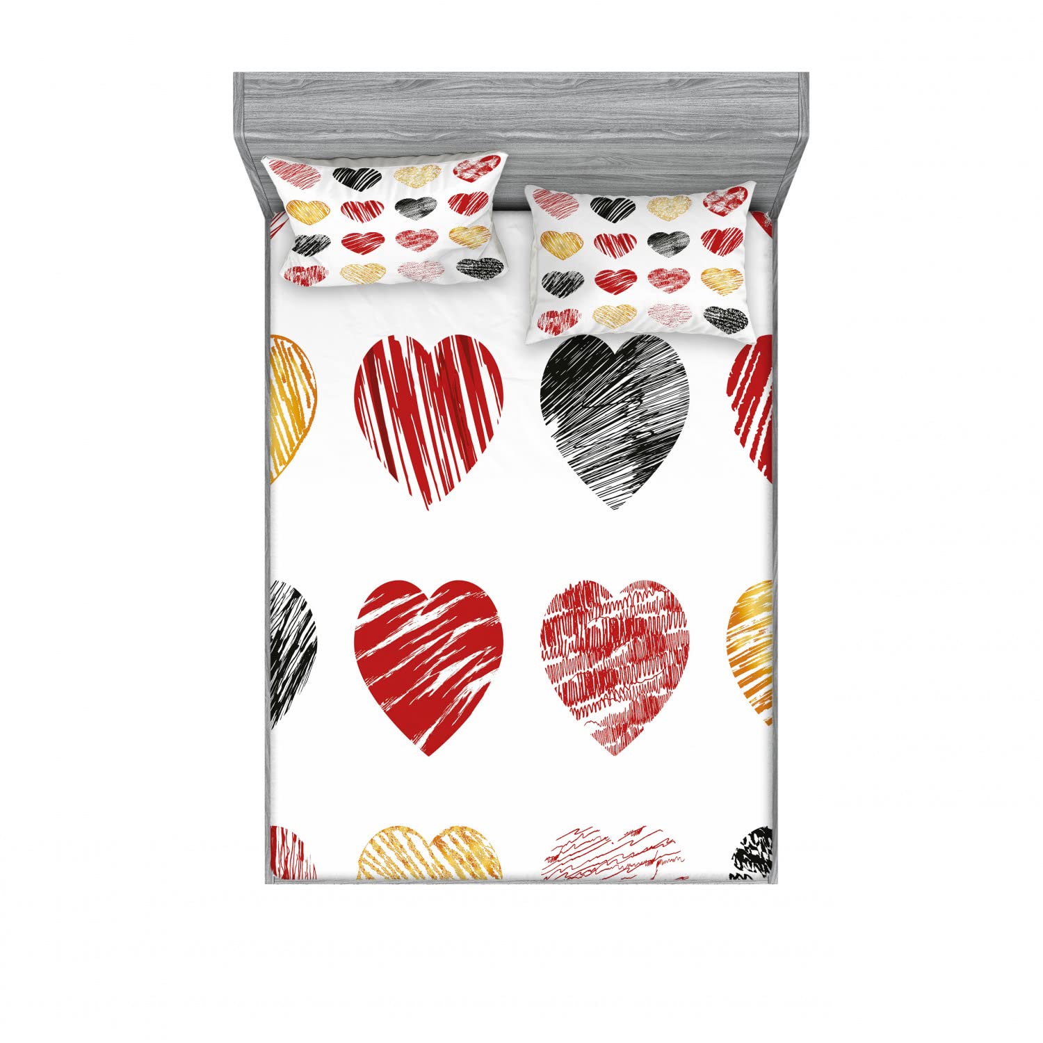 Ambesonne Valentine's Day 2-Pack Queen Size Fitted Sheet Set with 4 Pillow Shams - Romantic Heart Print Bedding in Pale Coffee, Black & Red - Perfect for Couples Bedroom, Anniversary Gift & Holiday Decor