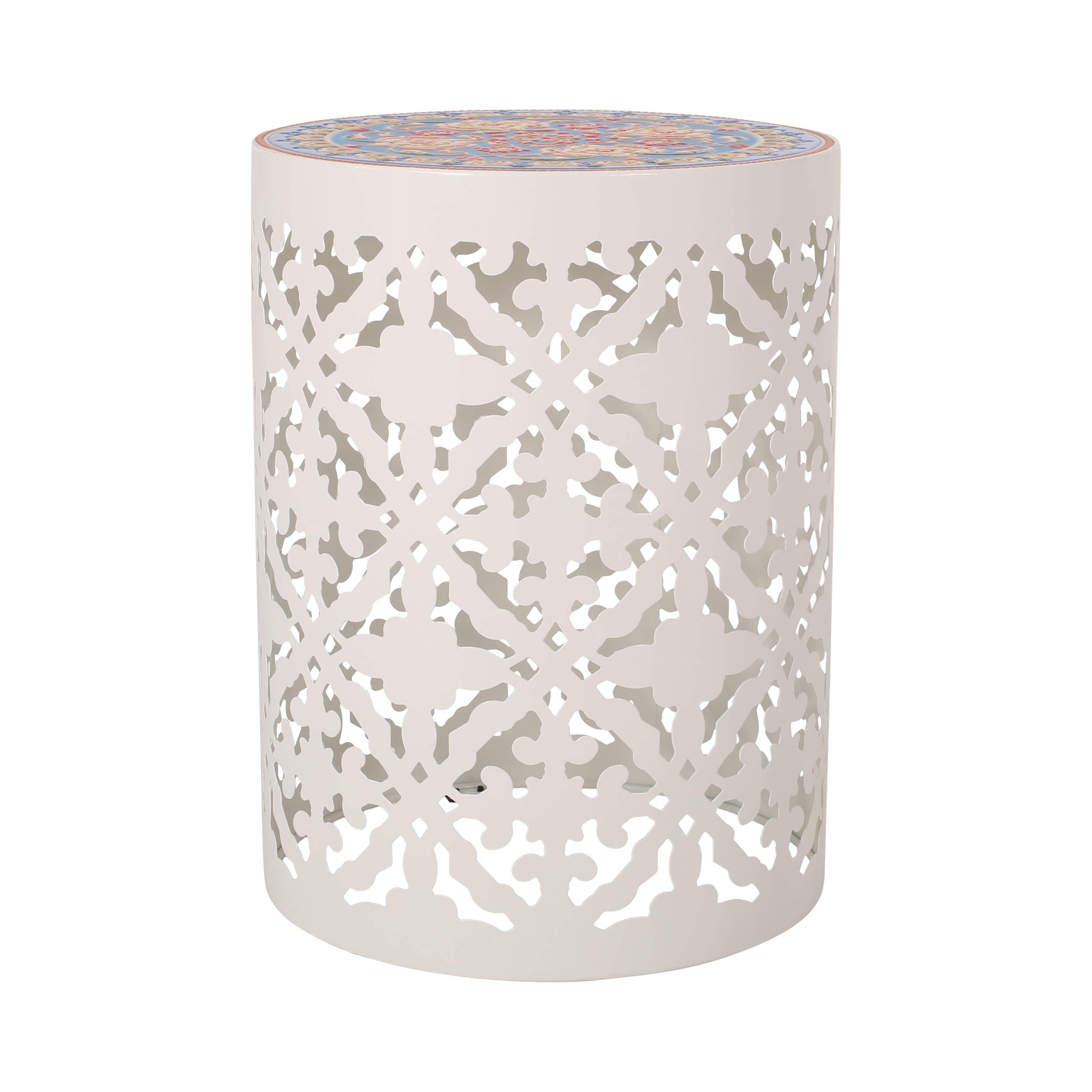 Christopher Knight Home Joshua Outdoor Lace Cut Side Table with Tile Top - White - Perfect for Patio, Garden, and Poolside Decor