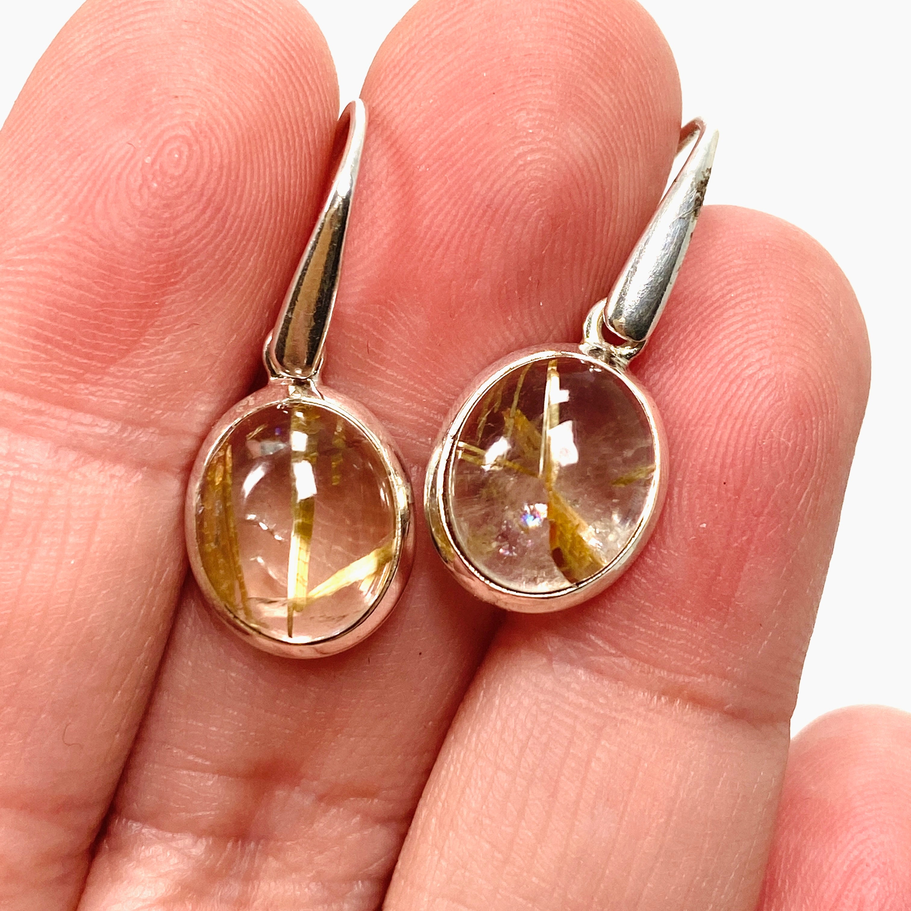 Natural Rutilated Quartz Oval Cabochon Earrings for Women - Handmade Sterling Silver Dangle Jewelry - Perfect for Wedding, Party & Special Occasions