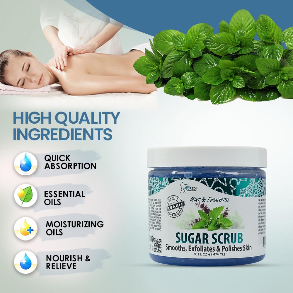 SPA REDI - Mint & Eucalyptus Sugar Body Scrub 16 Oz - Exfoliating & Moisturizing for Smooth, Glowing Skin - Hydrating Body Polish with Natural Ingredients - Perfect for Spa Day, Dry Skin Care & Self-Care Routine