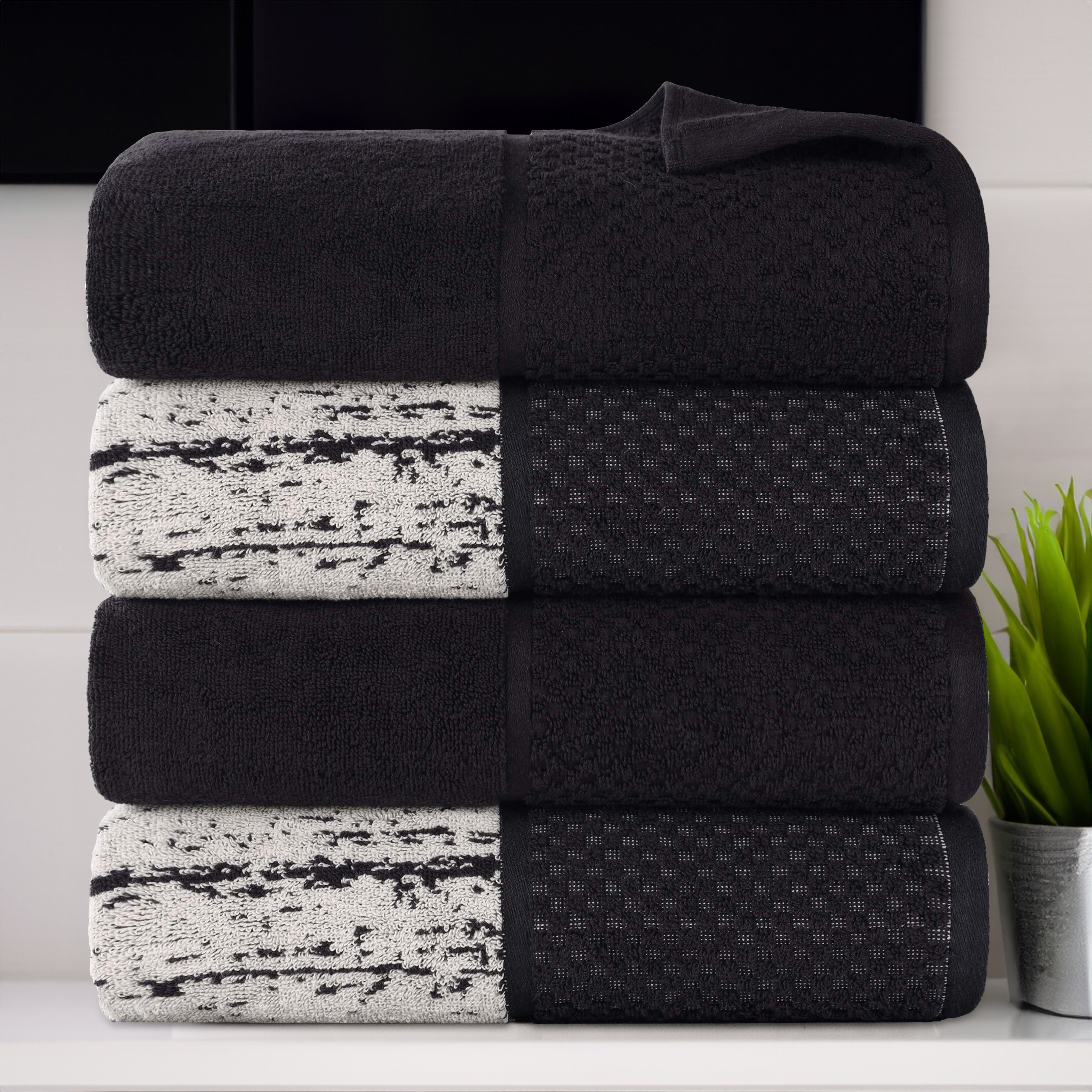 Premium Cotton Plush Jacquard Bath Towel Set of 4 - Ultra Soft & Absorbent Luxury Towels for Spa, Bathroom, and Beach Use