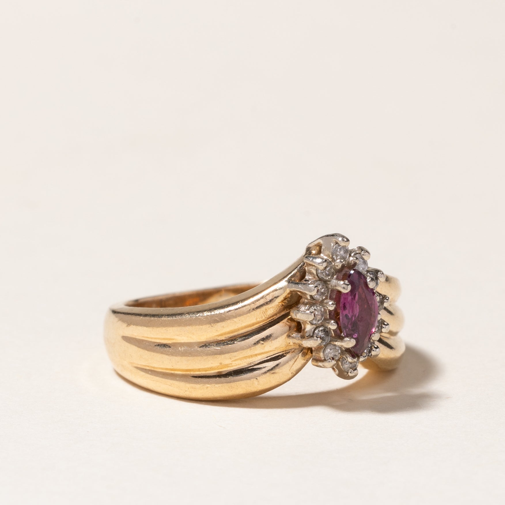 10K Ruby and Diamond Grooved Chevron Ring - 0.28ct Ruby with 0.03ctw Diamonds - Size 5.75 - Elegant Stackable Ring for Weddings, Anniversaries & Special Occasions