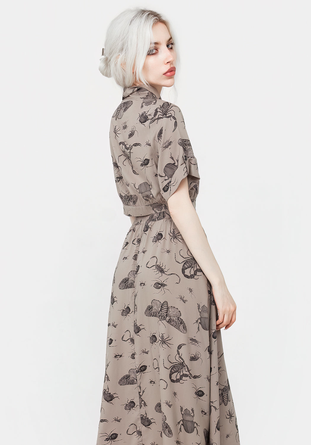 Parasite Bugs Print Button Down Midi Skirt in Taupe - Stylish Vintage-Inspired Skirt for Women, Perfect for Casual Outings, Halloween Costumes, and Themed Parties