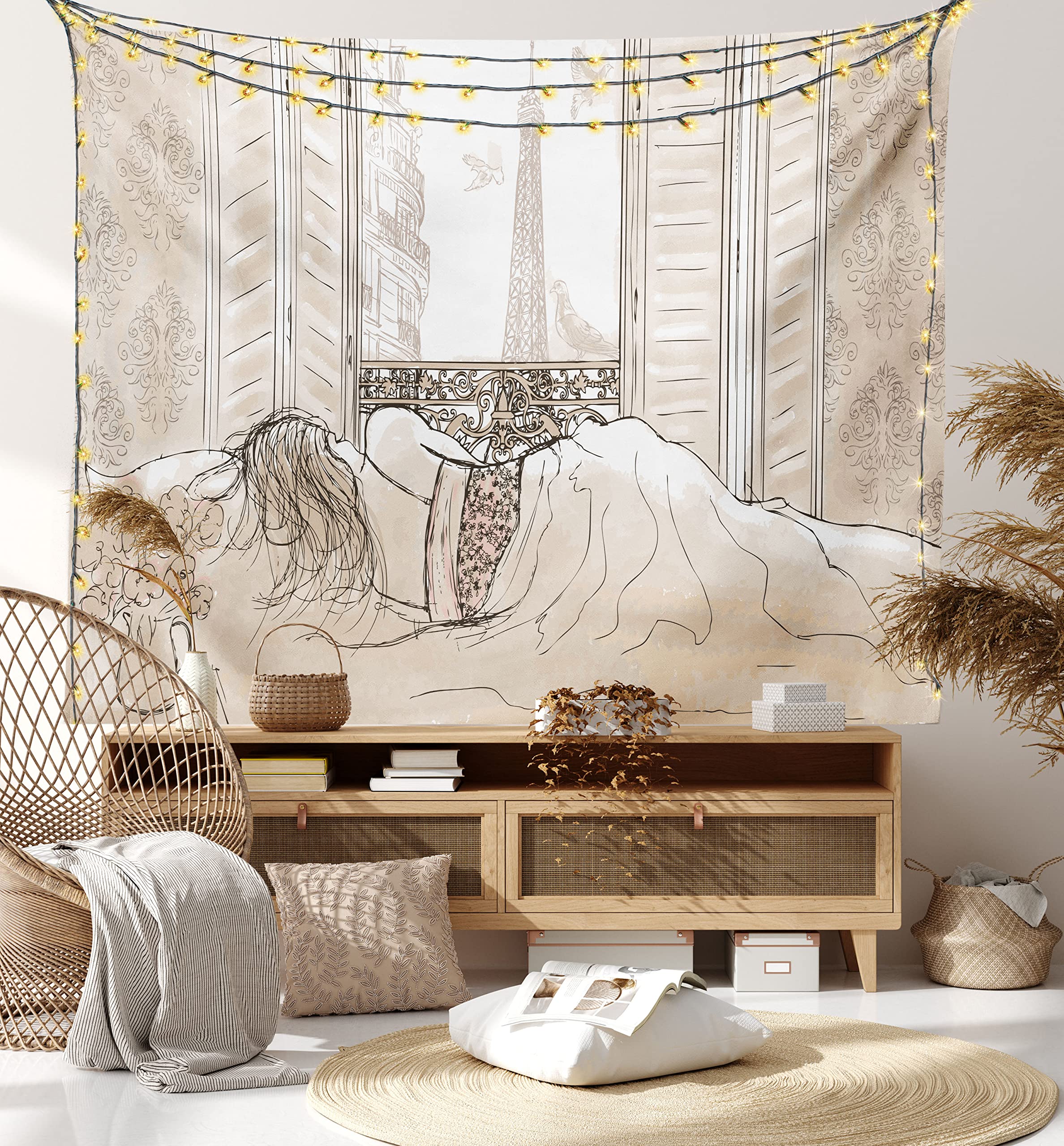 Ambesonne Paris Tapestry Wall Art - Romantic Sketch of Parisian Woman Sleeping with Eiffel Tower View | 28x23 Inch Cream Fabric Wall Hanging Decor for Bedroom, Living Room, Dorm | Perfect for French Theme Decor & Boho Chic Home Styling