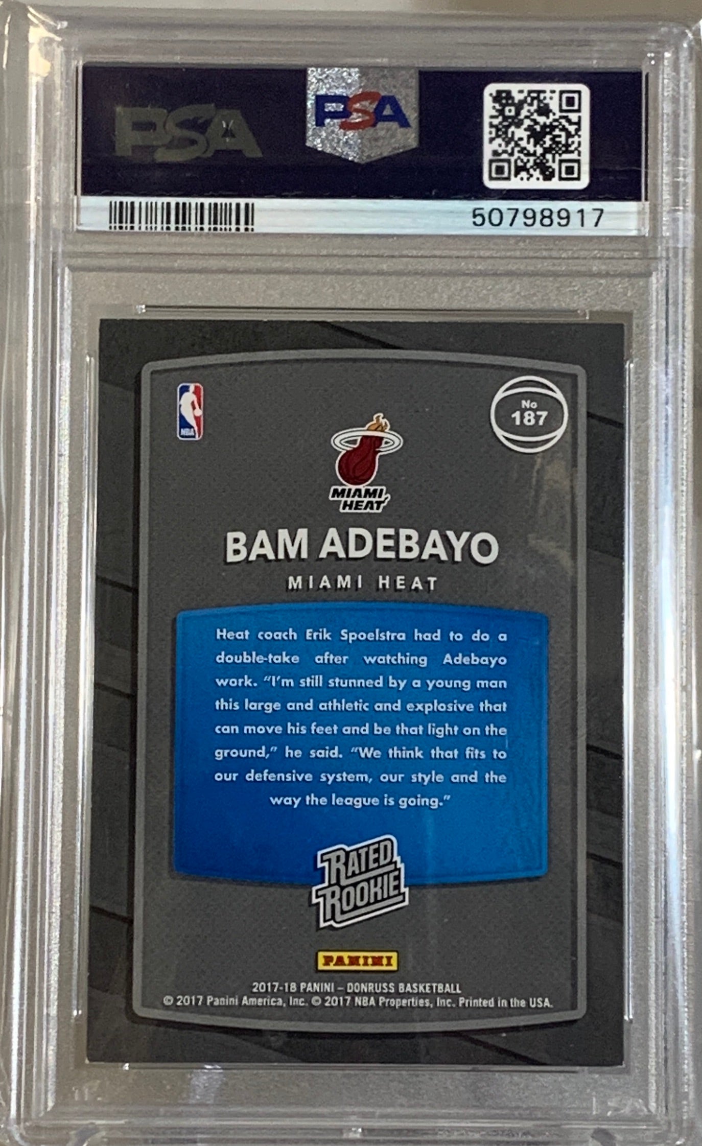 2017-18 Panini Donruss Bam Adebayo Rookie Card #187 PSA 7 Graded Miami Heat Basketball Trading Card - Perfect for NBA Collectors, Sports Memorabilia Fans and Card Investors