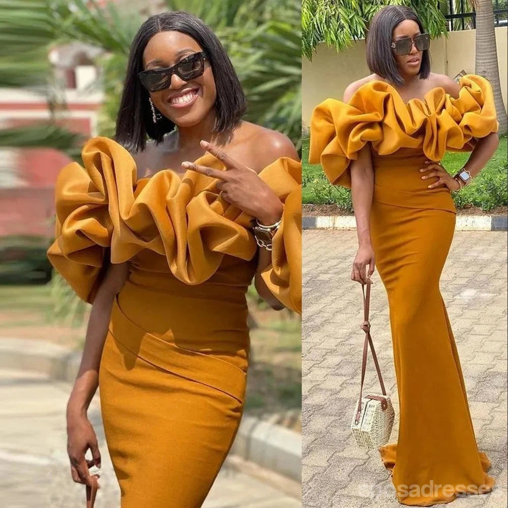 Elegant Yellow Mermaid Off-Shoulder Maxi Long Bridesmaid Dress for Wedding Party - WG1869 | Formal Evening Gown for Prom, Homecoming, and Special Occasions