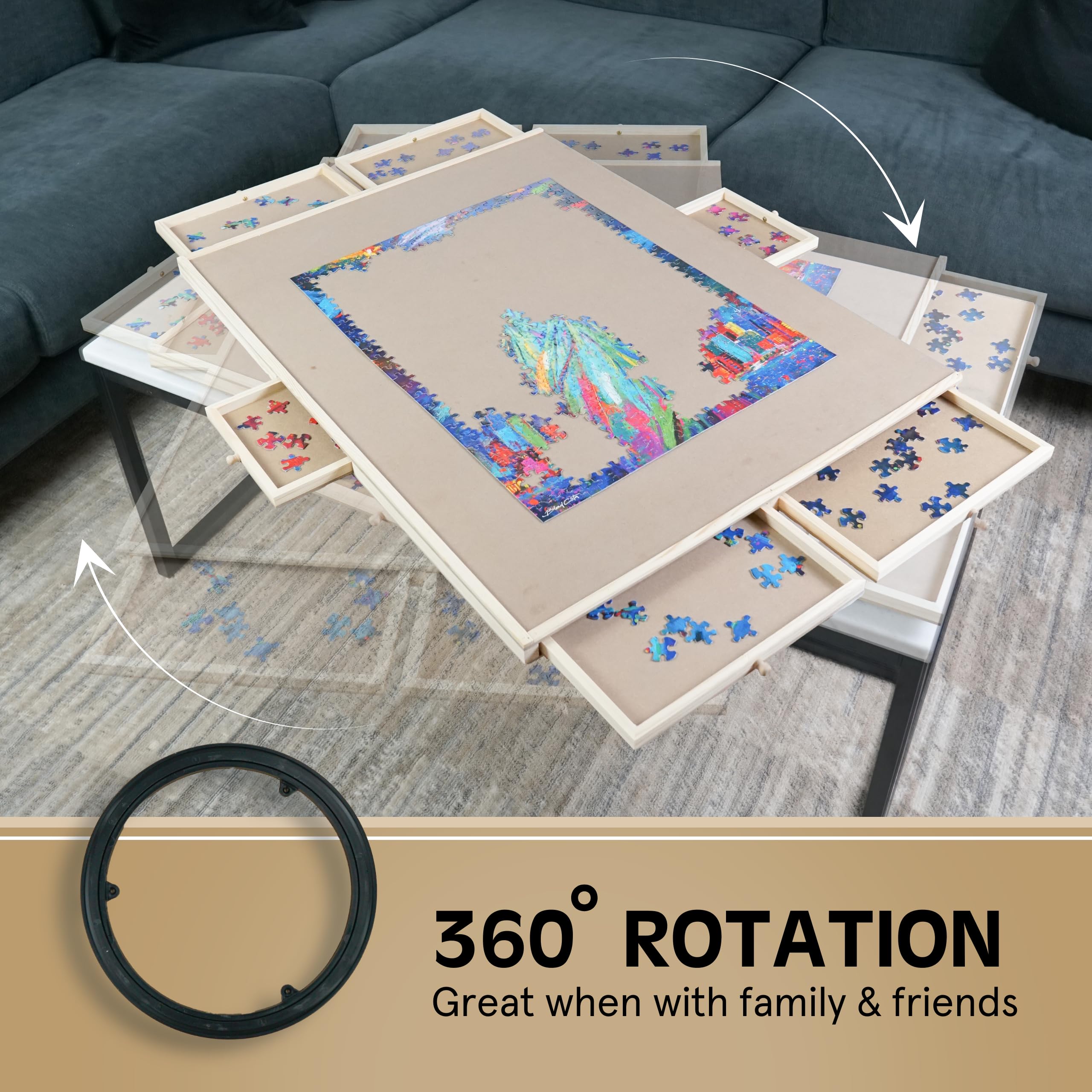 360° Rotating Puzzle Board with Storage Drawers & Protective Cover - 35” x 26” Large Puzzle Table for 1500 Pieces - Adjustable Height for Adults & Kids - Perfect for Family Game Nights, Home Decor & Puzzle Enthusiasts