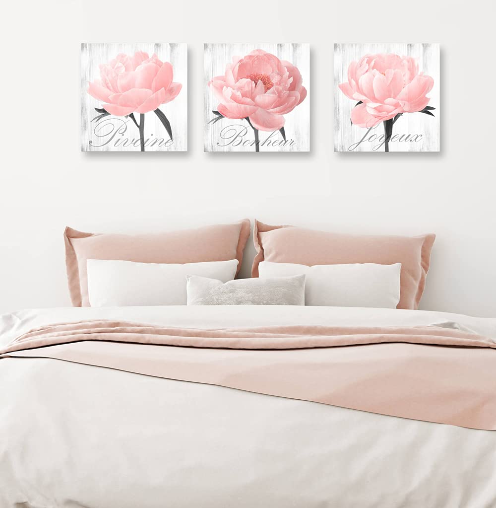 Framed Peony Wall Art - Pink Grey Flower Canvas Prints for Bedroom & Living Room Decor (16x16in x3) - Farmhouse Style Home Decoration