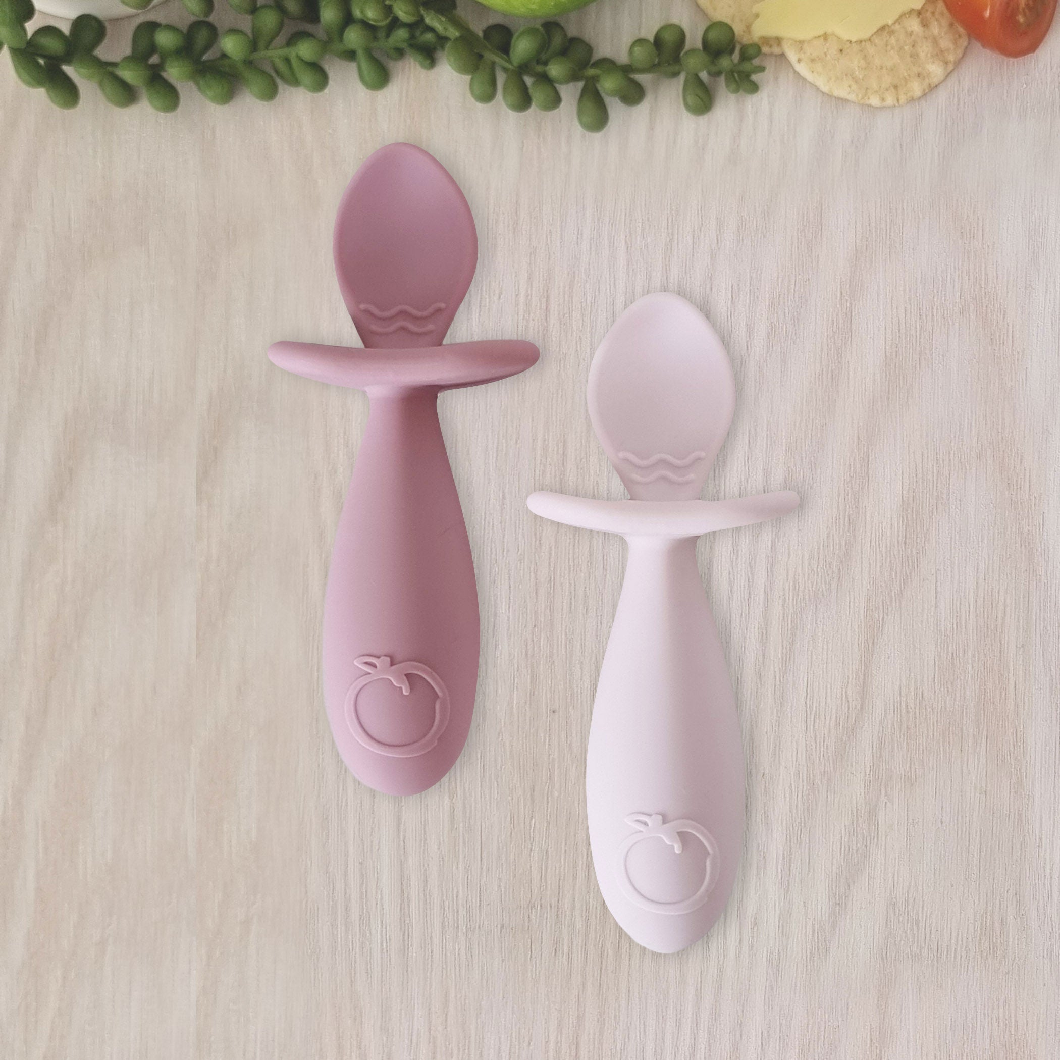 Plum Silicone Easy Grip Baby Spoon Set - 2 Pack Soft Infant Feeding Utensils for Toddlers (Dusty Berry & Rose) - Perfect for Baby-Led Weaning, Purees & First Foods