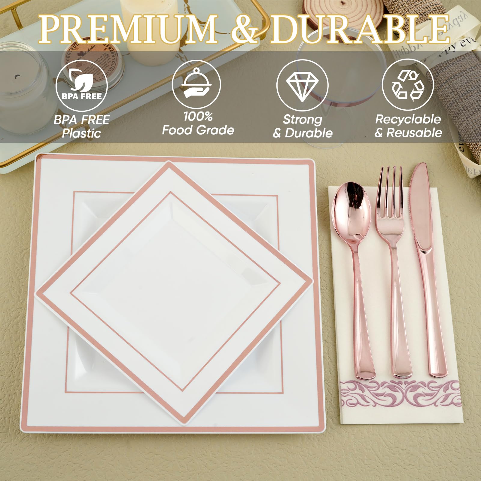 175-Piece Rose Gold Disposable Dinnerware Set for 25 Guests - Elegant Square Plastic Plates with Metallic Rim - Includes 25 Dinner Plates, Dessert Plates, Napkins, Cups & Silverware - Perfect for Weddings, Parties & Special Events